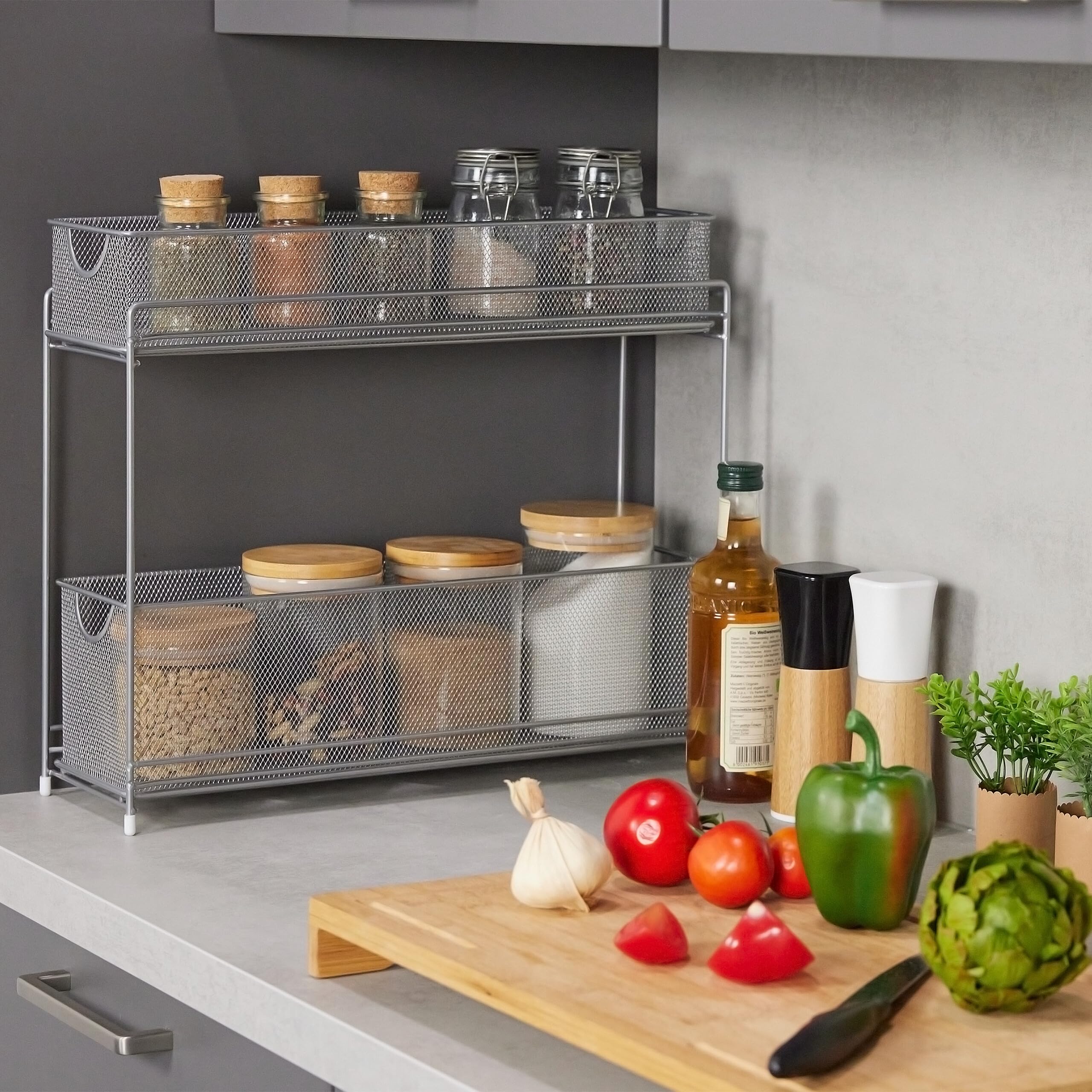 Relaxdays Organiseur pour Placard de Cuisine, corbeilles coulissantes, 2 tiroirs, métal, HxLxP: 40x15x46 cm, argenté