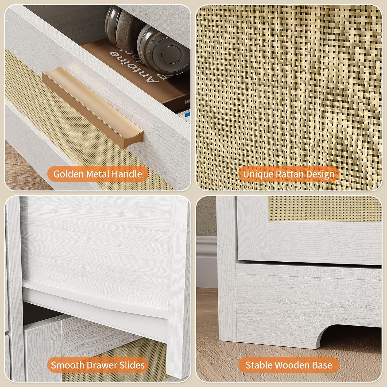 Patikuin 59" Rattan 10 Drawer Dresser, Modern Farmhouse Wood Chest of Drawers for Bedroom, Wide Storage Organizer TV Stand for Living Room, Entryway, Closet, White