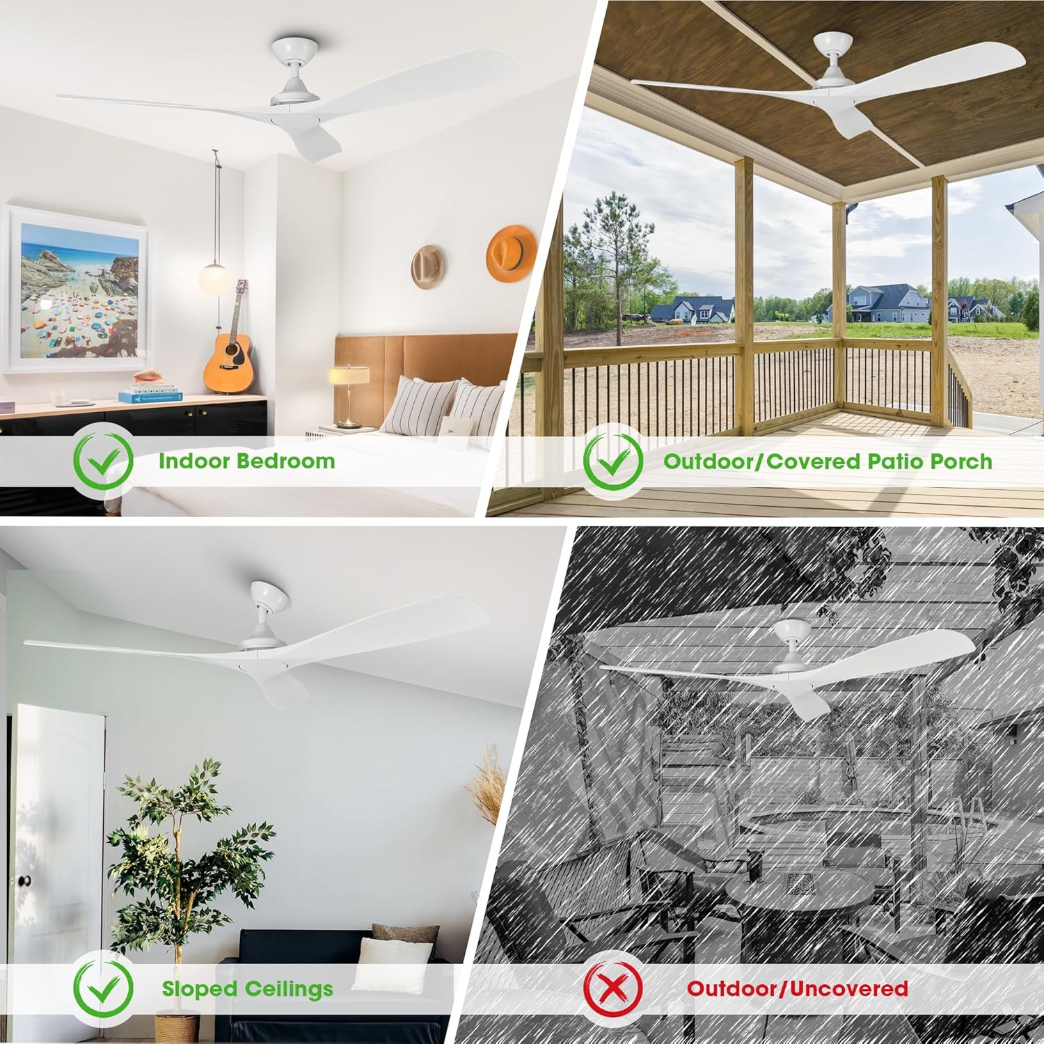 White Ceiling Fans No Lights, 52 Inch Ceiling Fan without Light for Bedroom Living Room, Remote Control, Indoor Outdoor Ceiling Fans for Patios, 6-Speed Reversible DC Motor, Timer