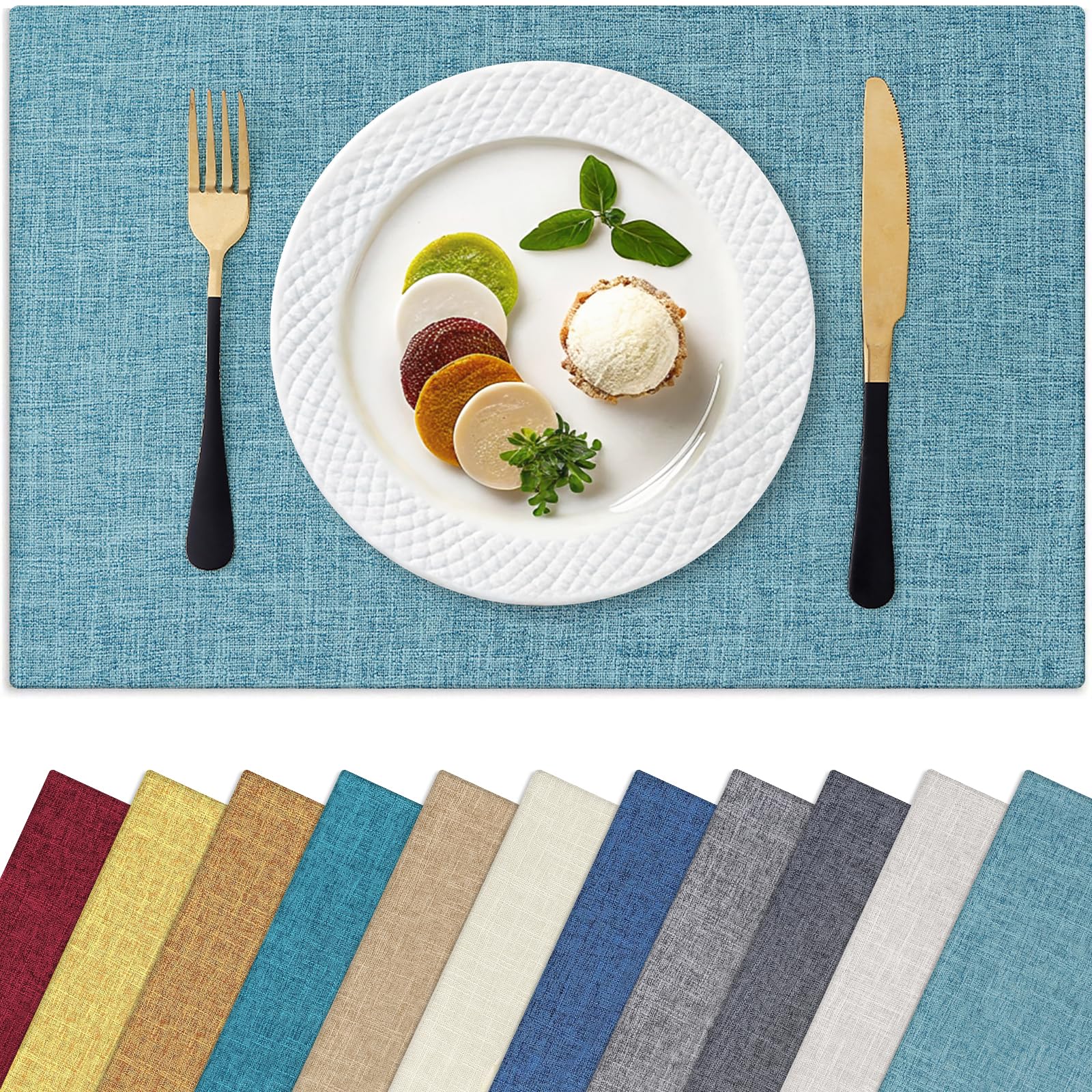 Photo 1 of Homaxy Cloths Placemats for Dining Table Set of 6, Heat Resistant Washable Cotton Linen Blend Table Mats, Easy to Clean Place Mats for Indoor Outdoor Party Kitchen Decoration, 13" x 19", Aqua
