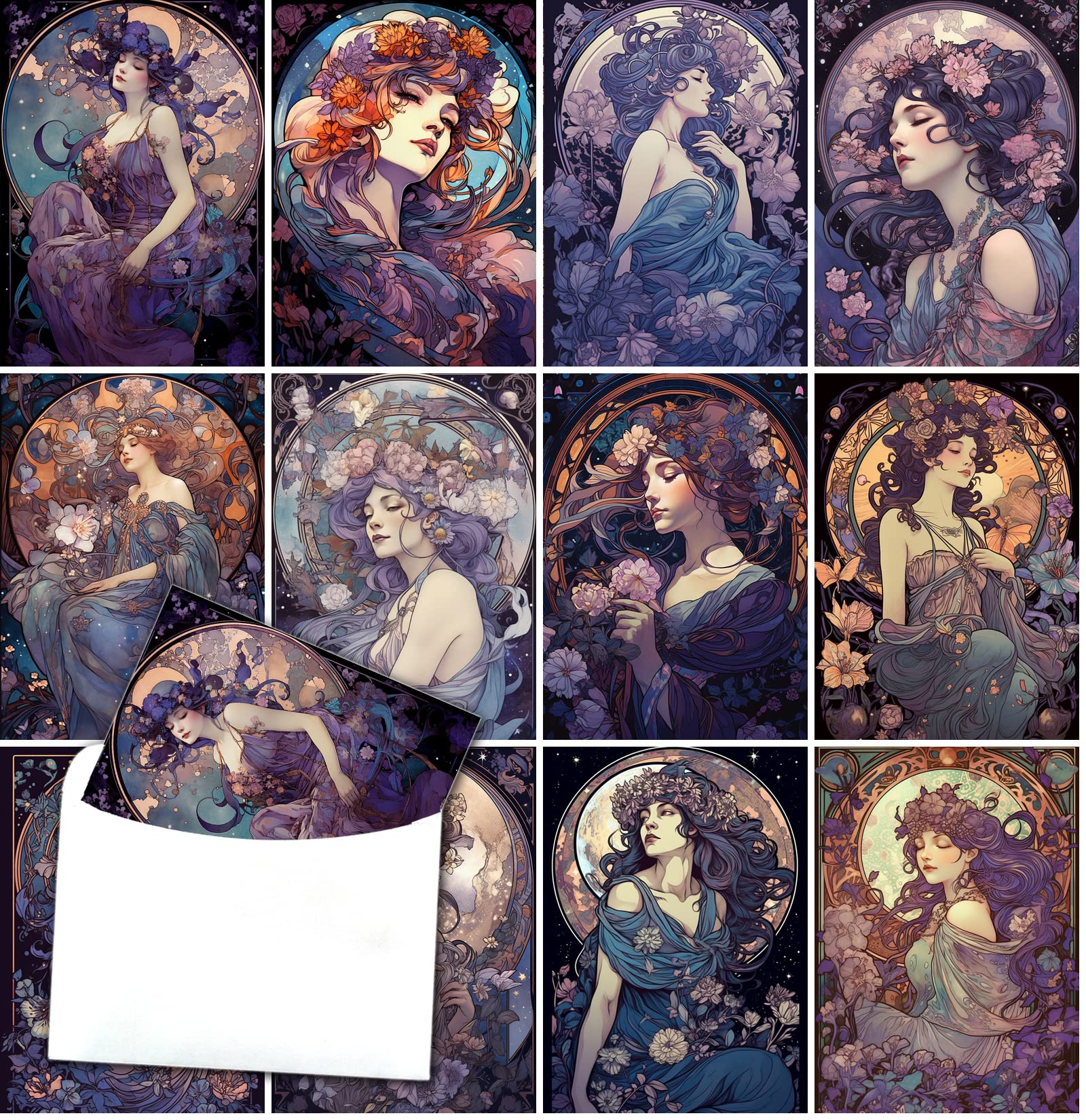 PIXILUV Pack of 12 Notecards ~ Fantasy Fairy Women Spirits of the Mountains ~ Alphonse Mucha Art Nouveau ~ Vintage Greeting Card Book Postcards for
