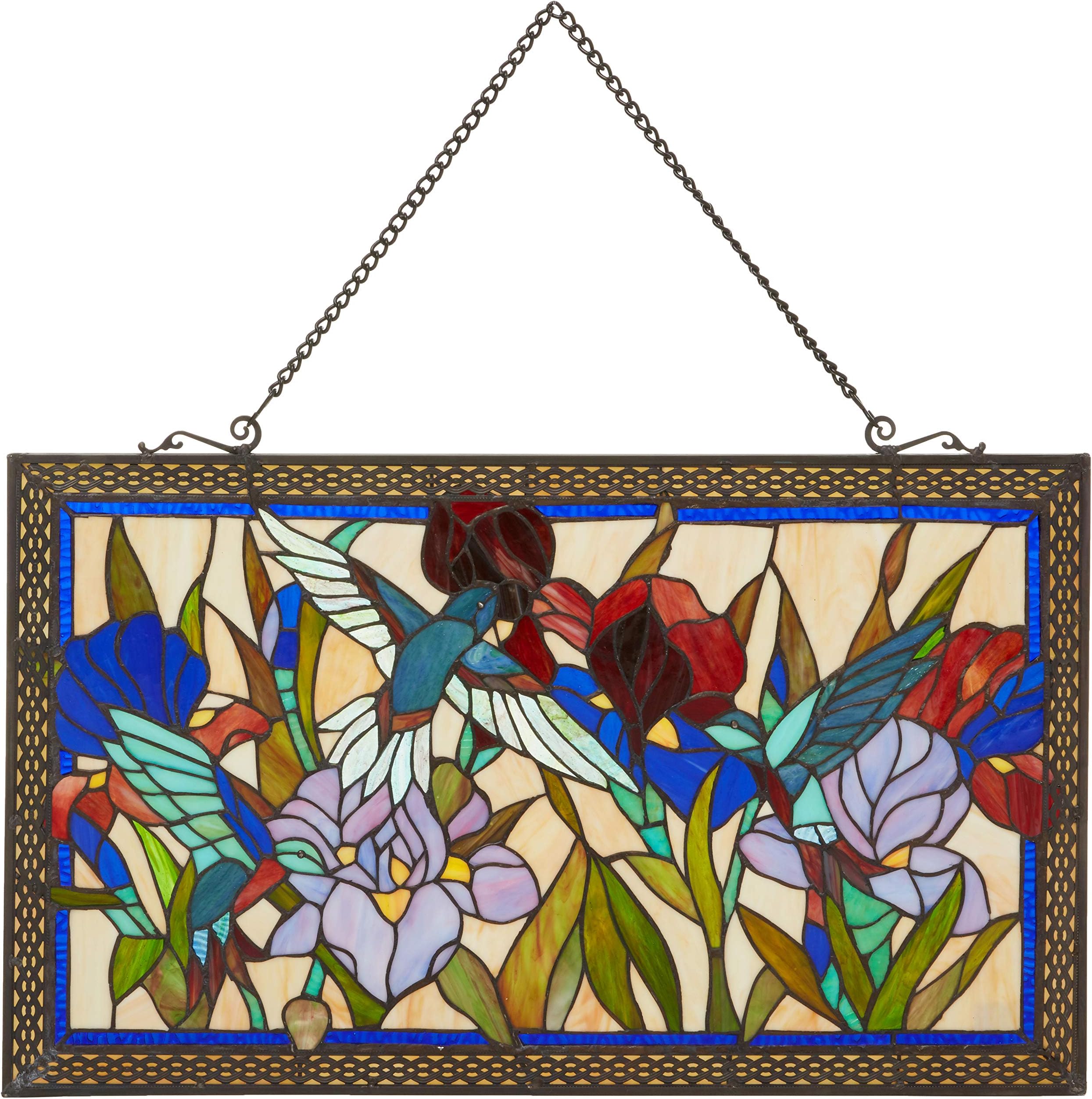 Humming and Flowers Stained Glass 28" x 17" Window Panel, 100% Genuine Stained Glass, Handcrafted 363 Pieces, 28 by 17-inch, Hanging Chain Included, Multi Color.