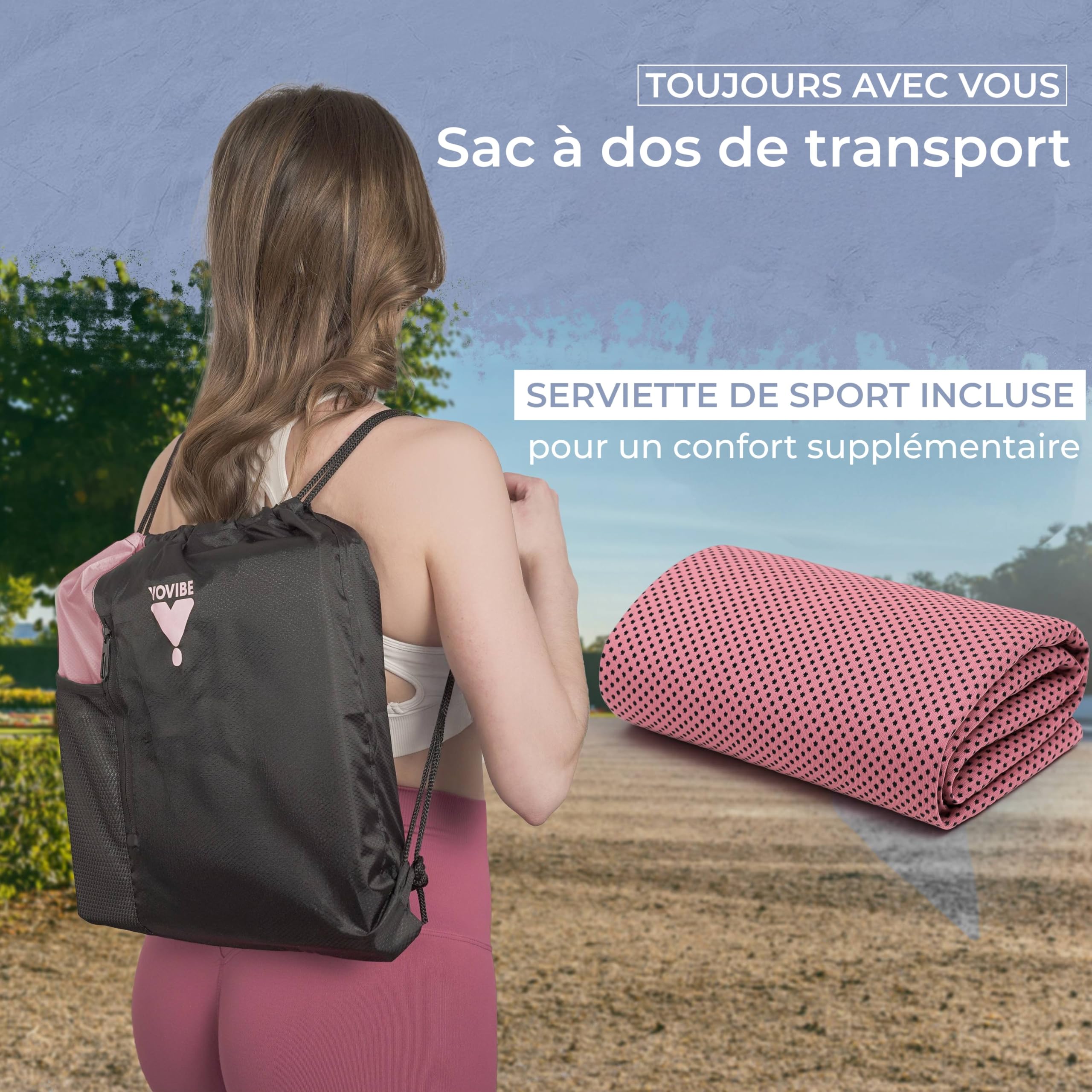 YoVibe - Tapis de yoga antidérapant professionnel avec serviette de sport et sac de sport - Tapis Pilates pliable antidérapant et imperméable 183 x 60 cm
