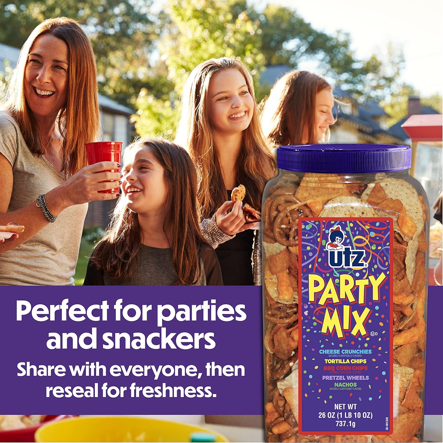 Utz Party Mix - 26 Oz Barrel - Tasty Snack Mix Includes Corn/Nacho Tortillas, Pretzels, BBQ Corn Chips and Cheese Curls, Easy & Quick Party Snacks, Cholesterol Free & Trans-Fat Free (Pack of 2)