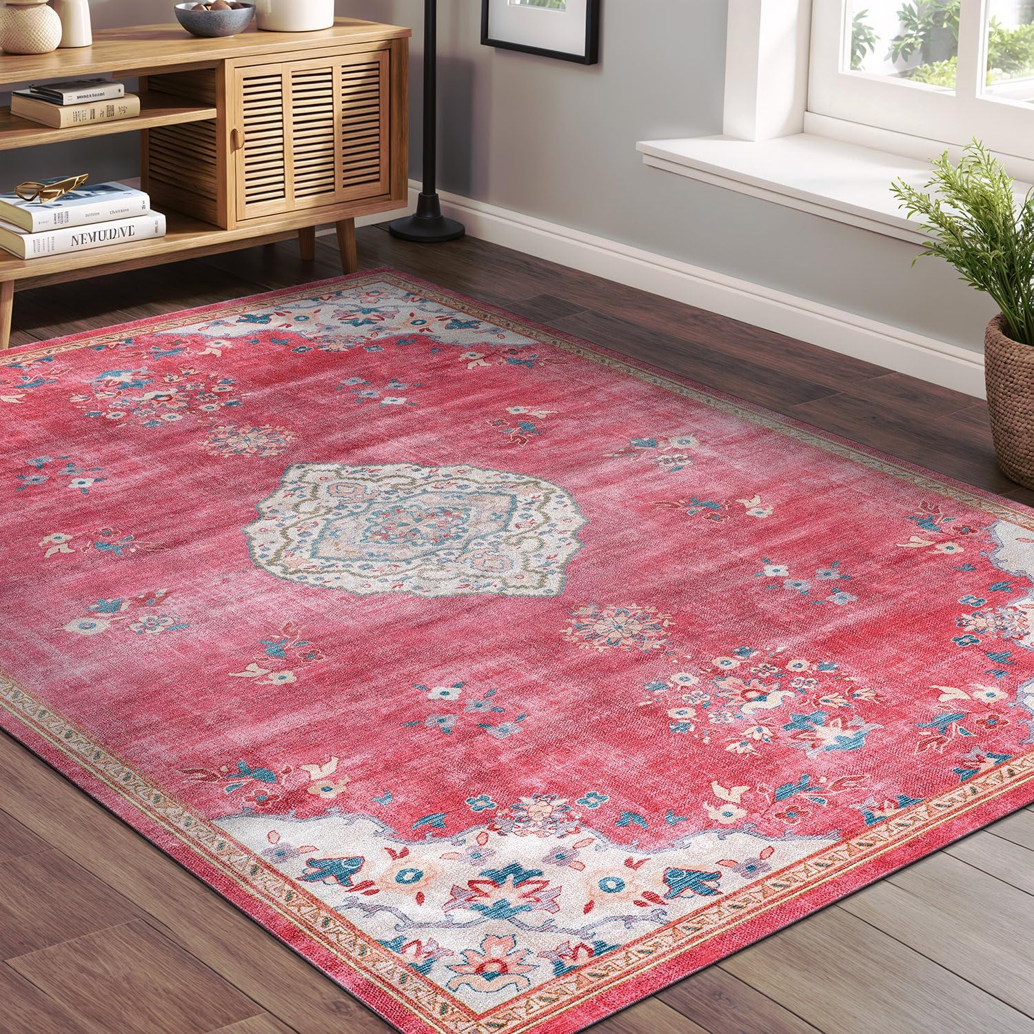 Beverly Rug Non Slip Rugs 5x7 Boho Medallion Floral Non Skid Rubber Backing Easy Silk Soft Area Rug for Living Room Easy to Clean Non Shedding Kitchen Bedroom Indoor Carpet (5 x 7 Fuchsia - Cream)