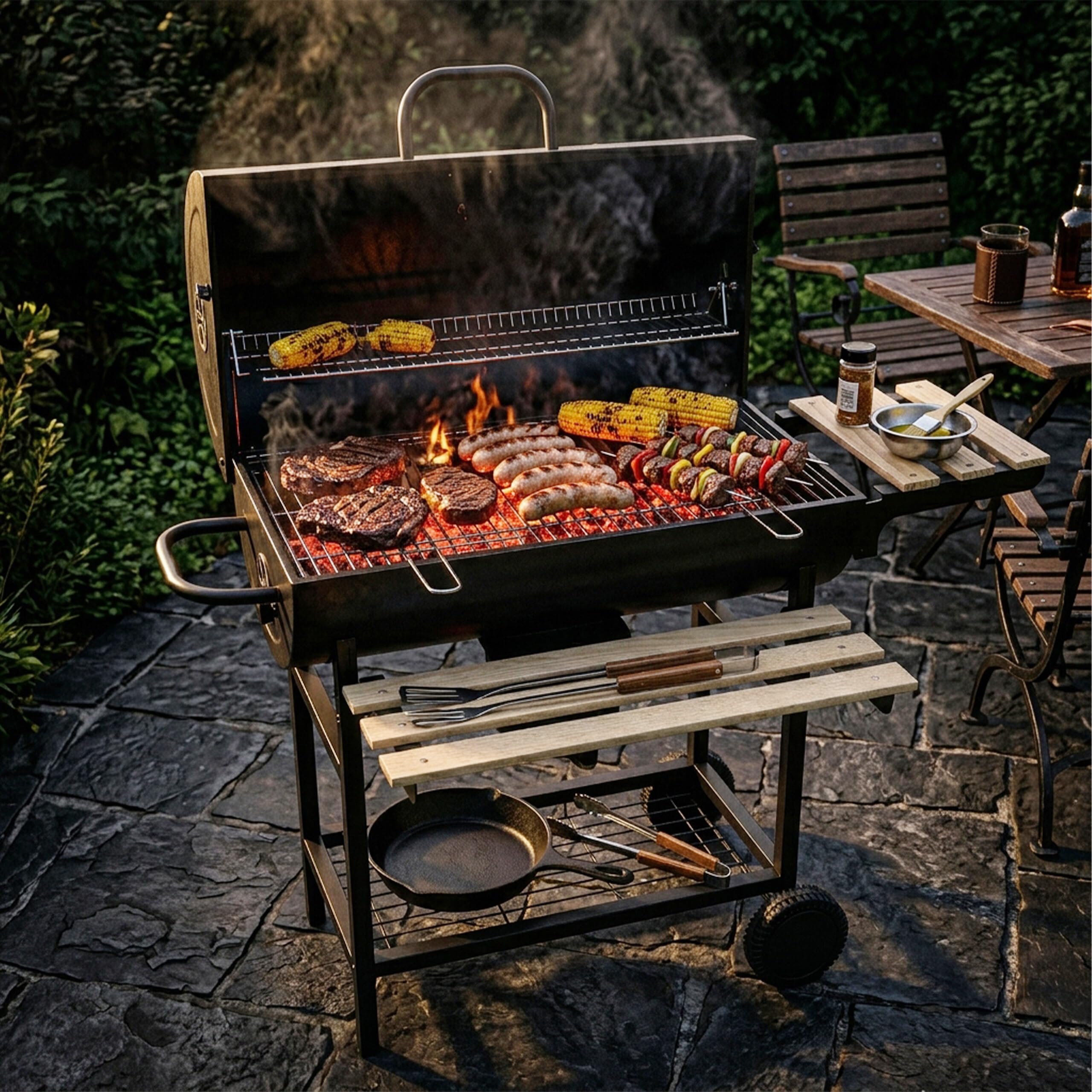 Barbecue a Carbone Relaxdays con Coperchio e termometro, 95x114,5x69 cm, Acciaio Verniciato a Polvere, Carrello