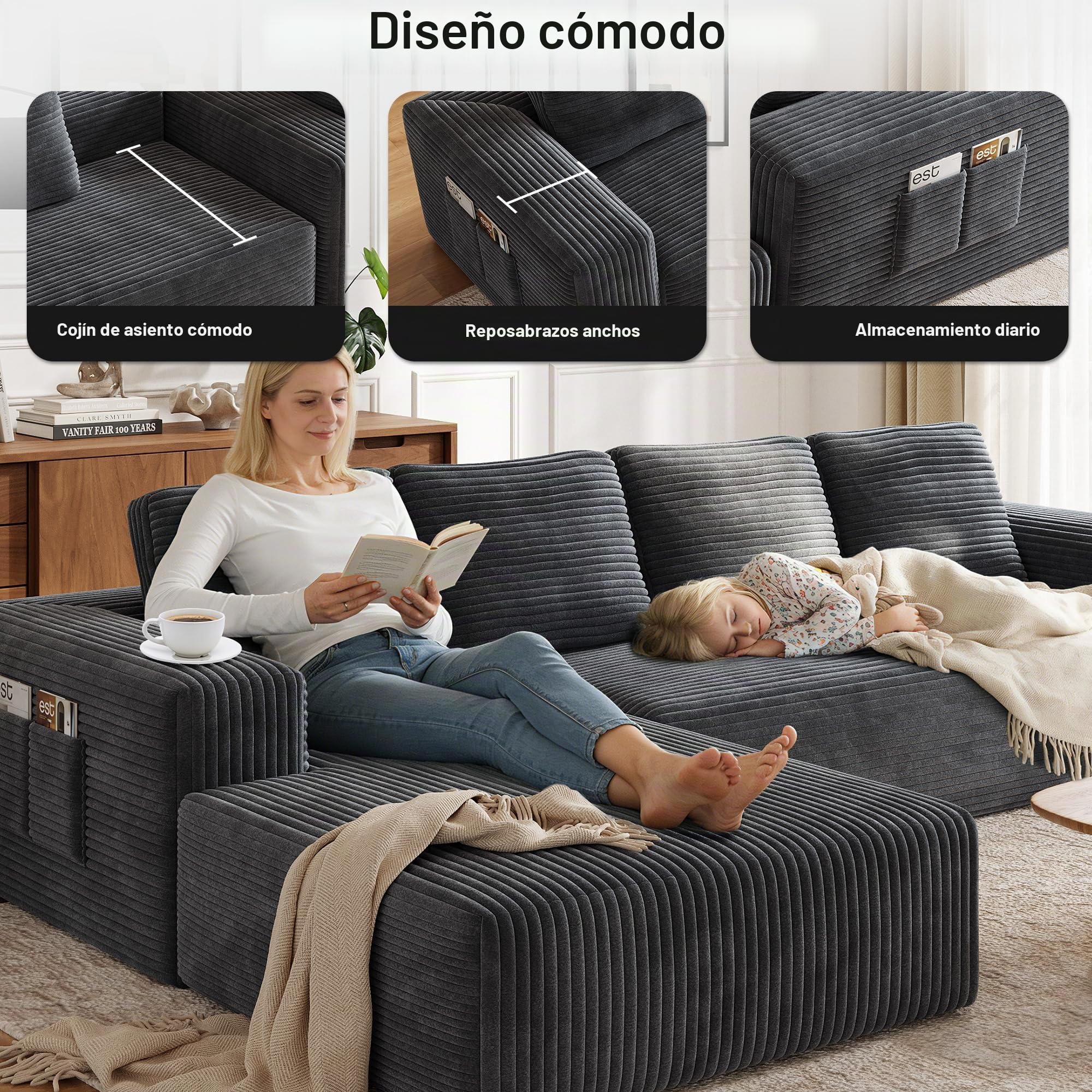 Sofá Esquinero Modular en L, Sofa 4 Plazas con función Cama y Chaise Longue Izquierda, Sofá Cama Chaise Longue (Gris)