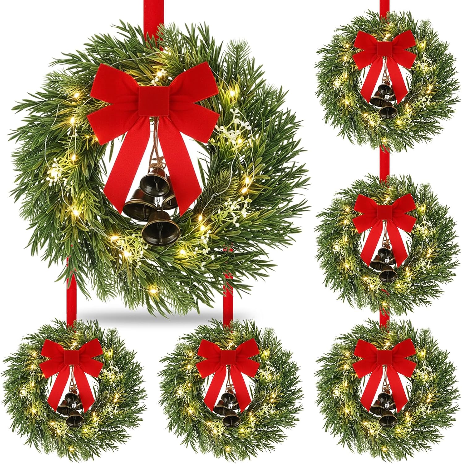 Libima 6 Pcs 12 Inch Pre Lit Mini Realistic Christmas Wreaths with 6 LED Lights & Vintage Bells Red Bow Small Christmas Wreaths for Fireplaces Door Wall Outdoor Yard Xmas Party Decor(Willowpine Style)