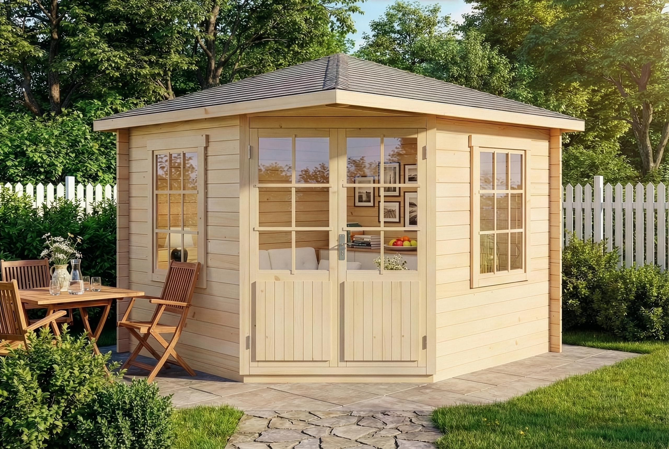 Alpholz 5-Eck Gartenhaus Monica aus Massiv-Holz, Gerätehaus mit 28 mm Wandstärke, Garten Holzhaus inklusive Montagematerial, Geräteschuppen Größe: 300 x 300 cm, Spitzdach