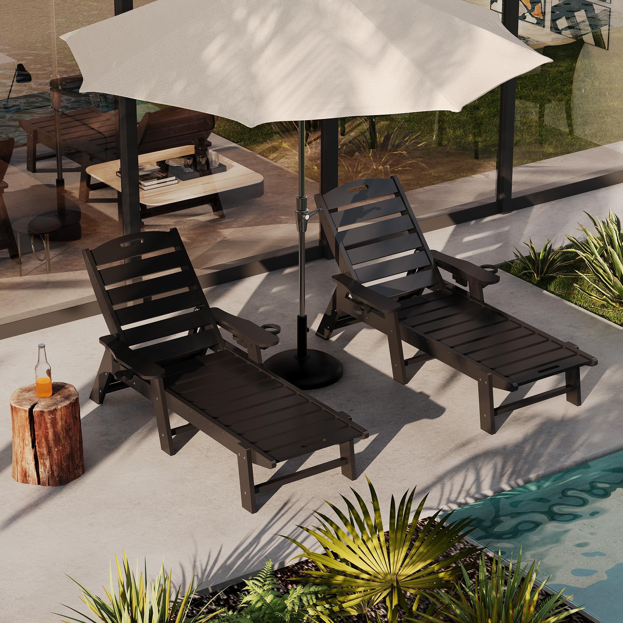 Garvee Chaise Longue Plegable Extragrande, Reclinable De HDPE Ajustable En 5 Posiciones, con Portavasos Integrado, Resistente Tumbona para Patio, Piscina, Terraza, Jardín.