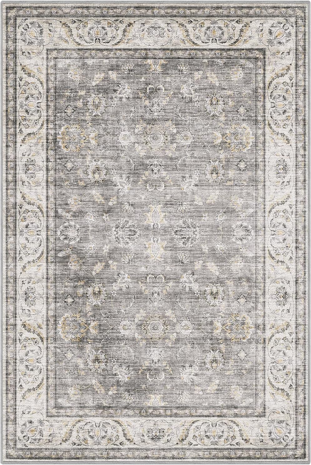 Teppich Wohnzimmer 120x180cm Teppich Waschbarer Kurzflor rutschfest Weich für Schlafzimmer Küche Esszimmer Büro Traditionelles Vintage-Grau