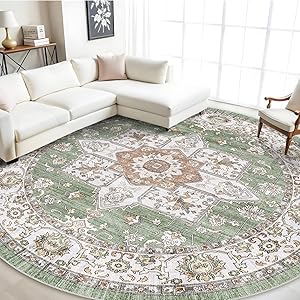 RUUGME Washable 9 ft Round Area Rug - Large Boho Rugs for Living Room Stain Resistant Carpet Vintage Tribal Rugs for Bedroom Kitchen Bathroom with Non Slip Backing Floor Decoration Mat 9ft Sage