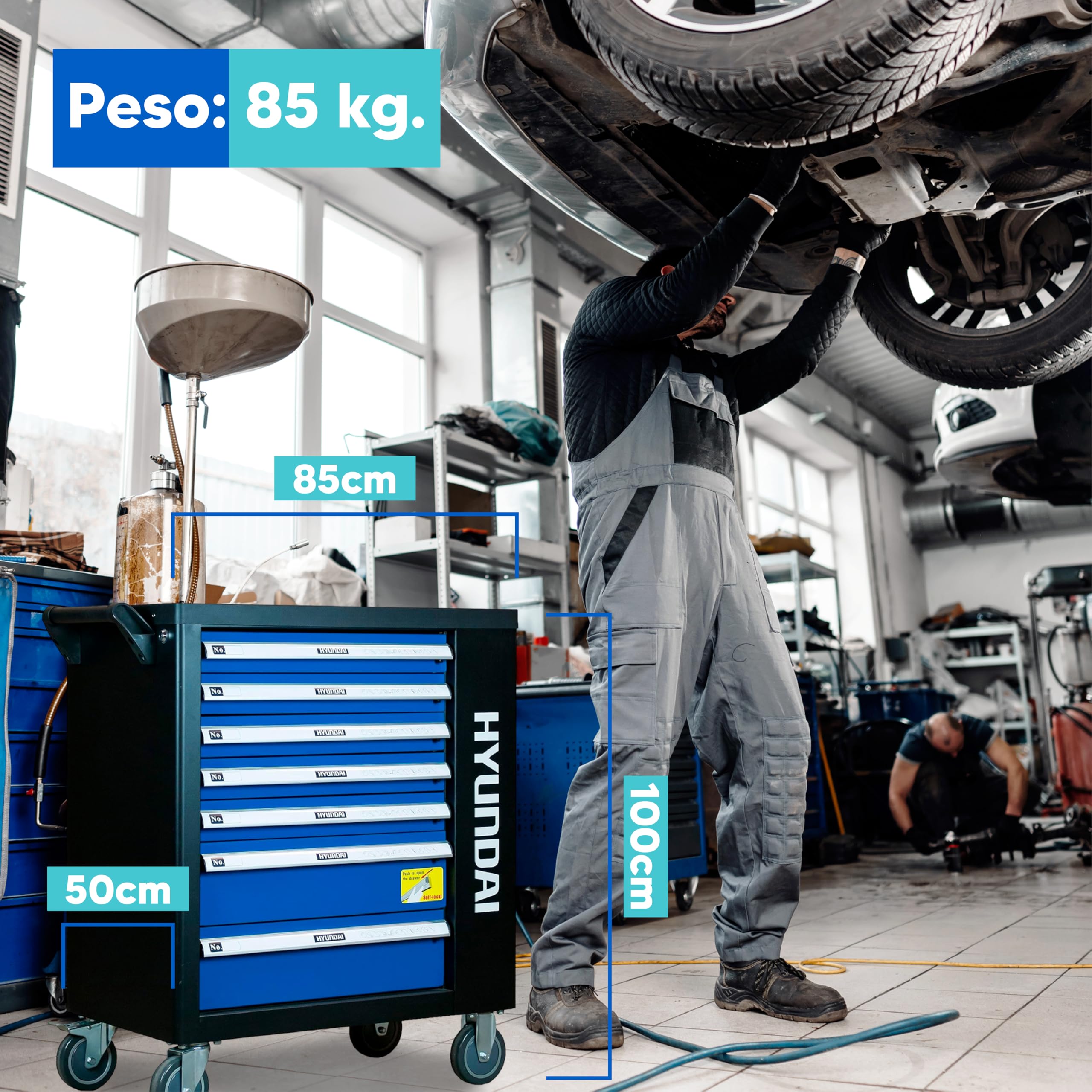HYUNDAI Carro de Herramientas con 297 Piezas para Taller Profesional - Carro de Herramientas con 7 Cajones y Cierre con Llave - Organizador para Herramientas con Llave de Carraca y Chasis de Acero