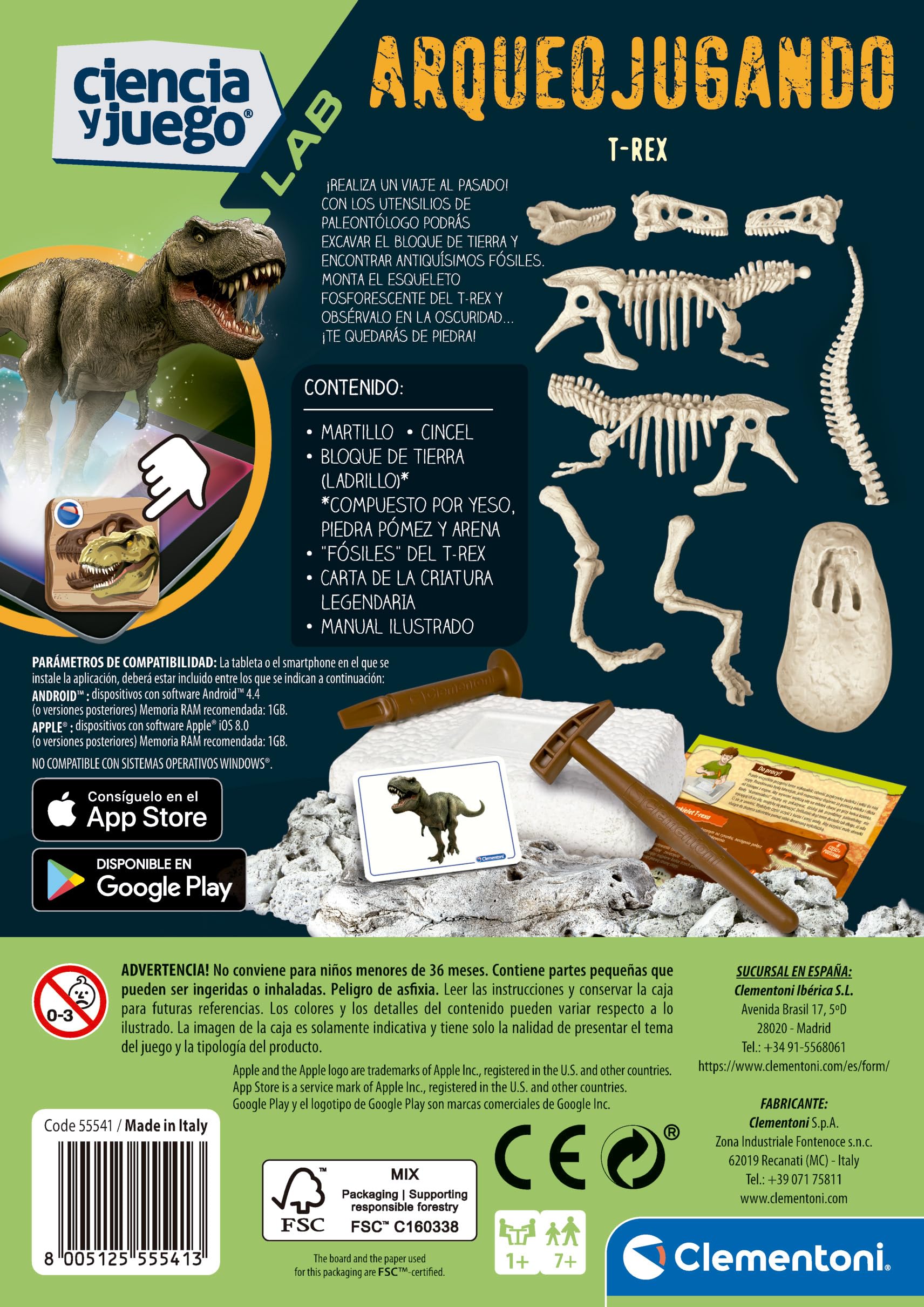 Clementoni 55541 Archeogiocando T-Rex Fosforescente – Scavo E Montaggio Scheletro, Gioco Scientifico 7+