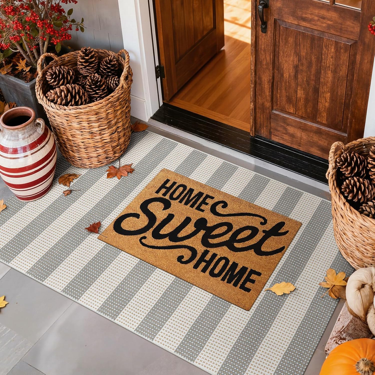 Grey and White Striped Rug-3x5 Fall Front Door Mat Outdoor,Washable Reversible Porch Rug Cotton Hand-Woven Spring Doormat, Foldable Layered Door Mats for Entryway/Farmhouse