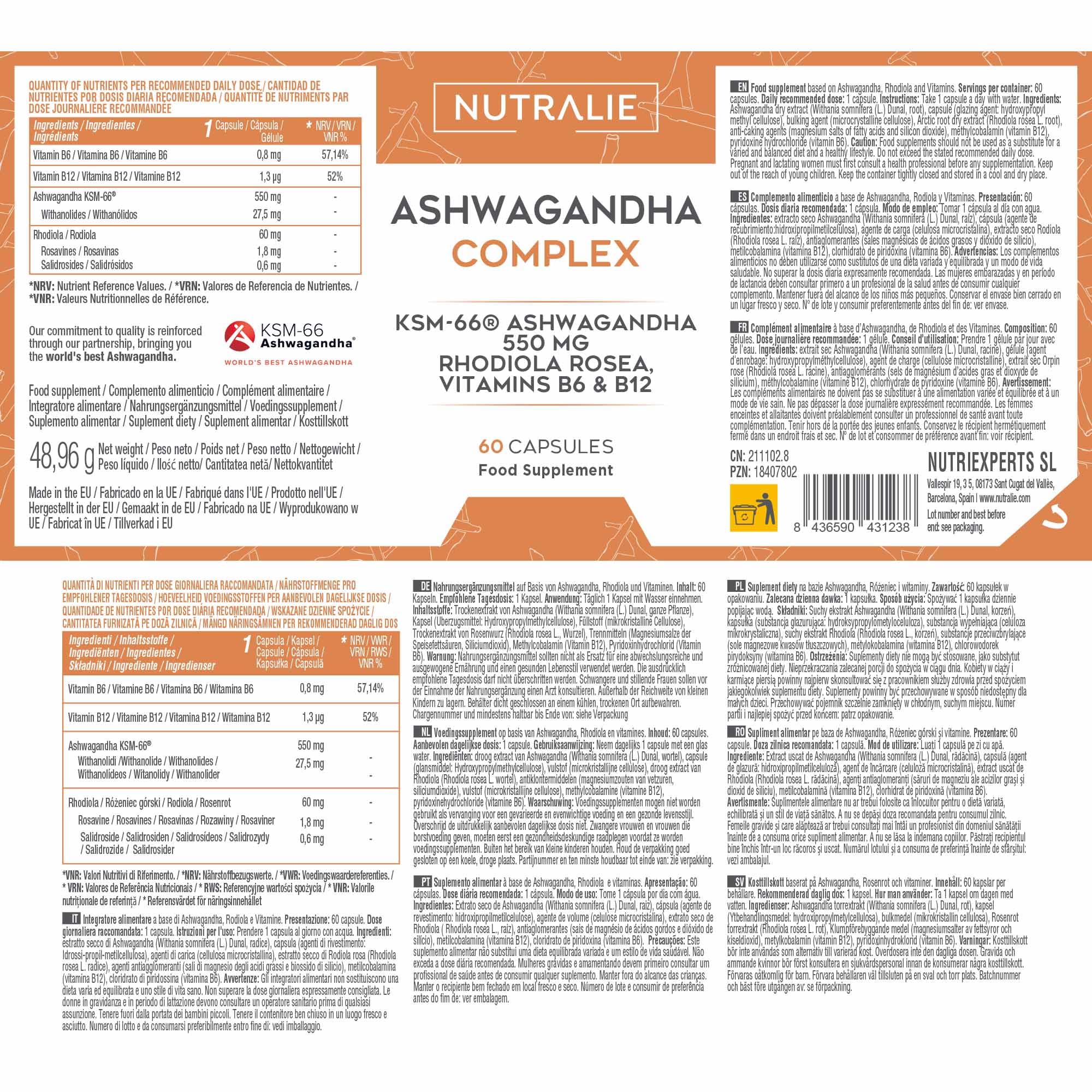 Ashwagandha KSM-66 Withanolides Rhodiola Rosea - Vit B6 B12 Ashwagandha BIO-disponible - 60 Gélules Végétalien Nutralie