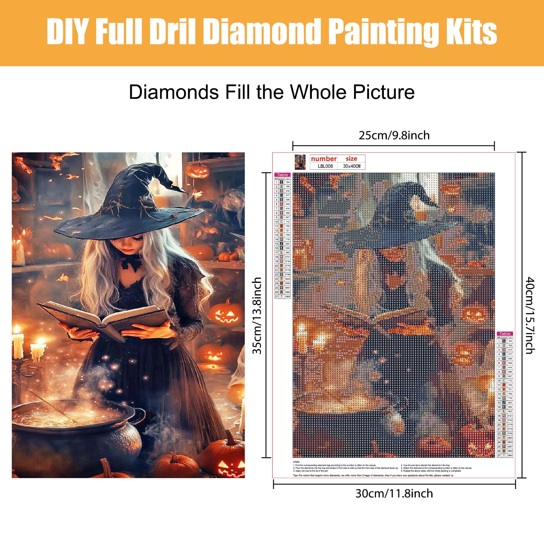BOWETILE Halloween Witch Diamond Art for Adults Pumpkin with Magic Witch Diamond Painting - Image 2