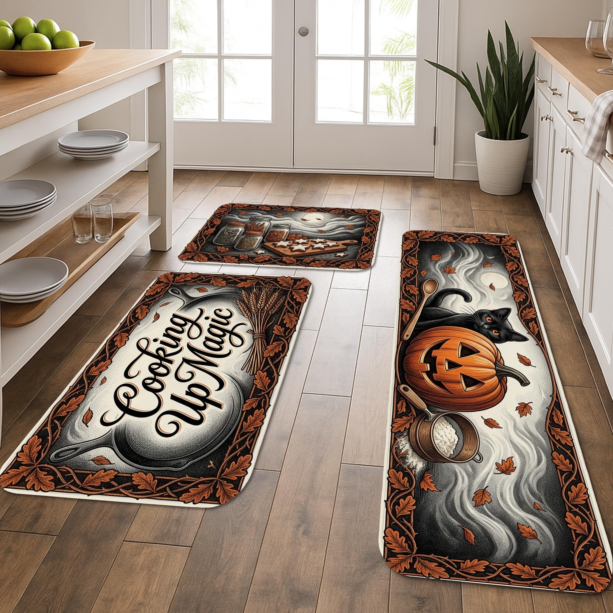 Alfombras de cocina de calabazas juego de 3 tapetes lavables de otoño para fregadero
