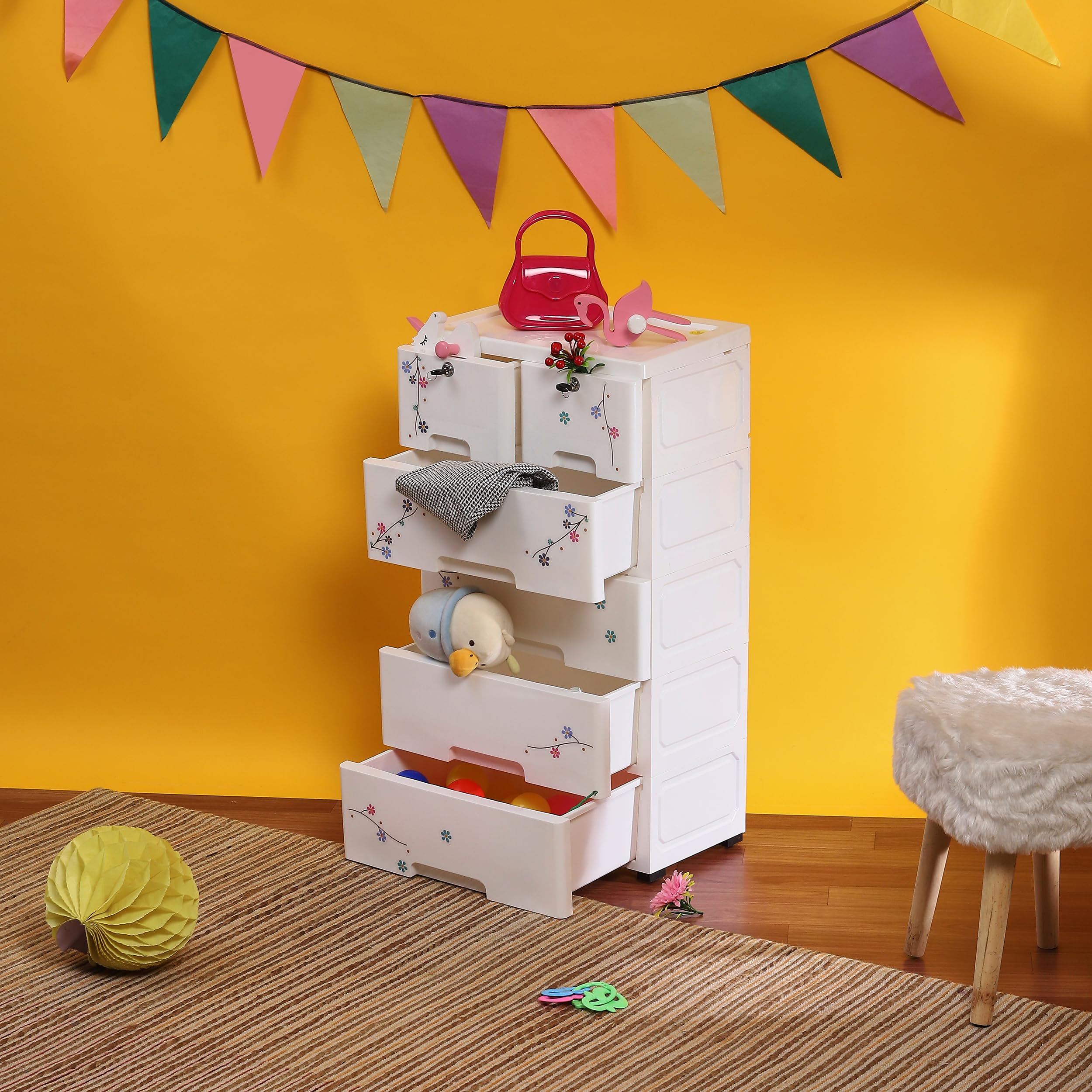 The Tickle Toe 6-Drawer Plastic Chest for Kids | White Flower Print Organizer & Wardrobe | 44L x 28.5W x 82H cm | Multipurpose Dresser with Locks-image-29