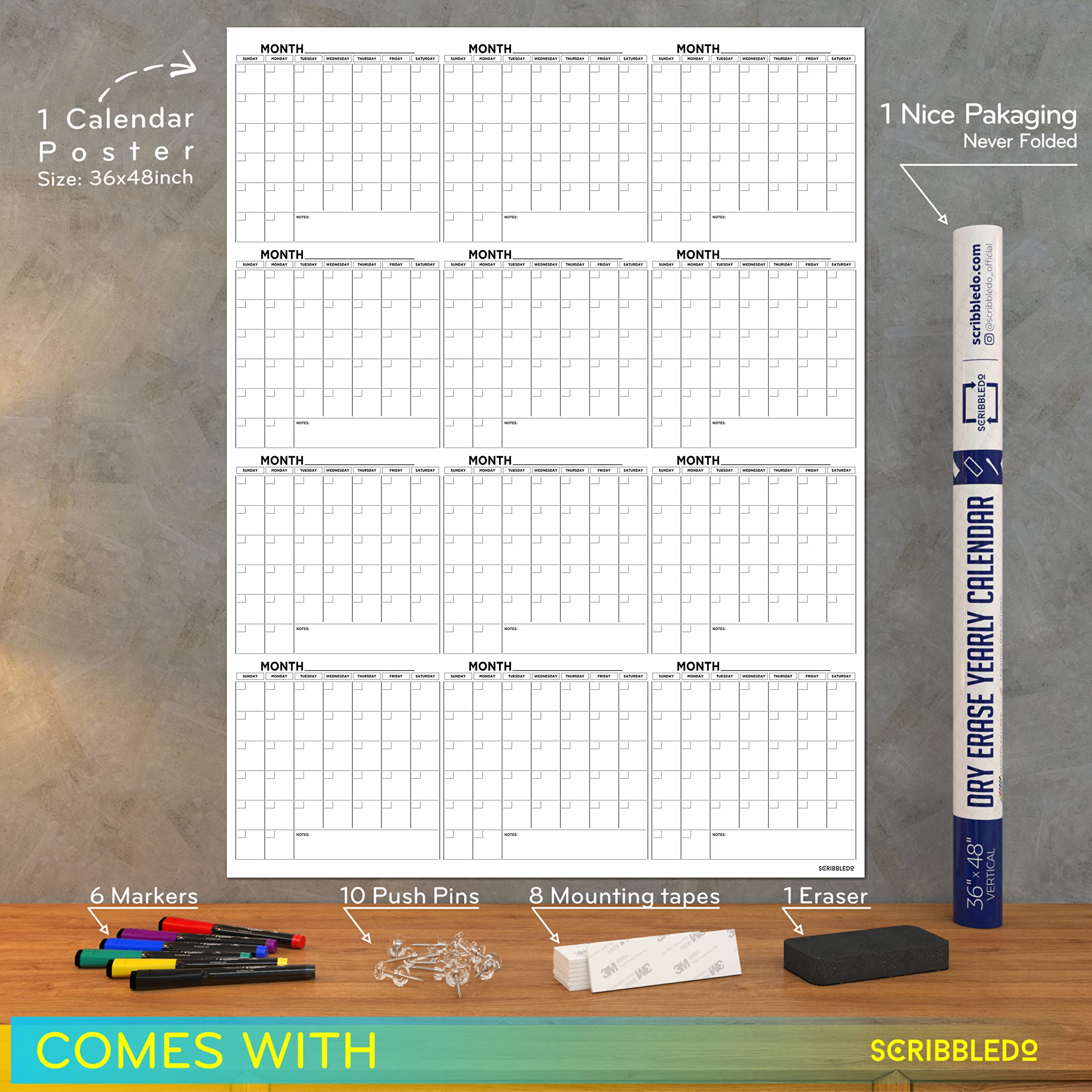 Grande calendario da parete cancellabile a secco 91,4 x 121,9 cm, calendario da parete 2024 annuale mensile, include 6 pennarelli, cancellino e nastro di montaggio