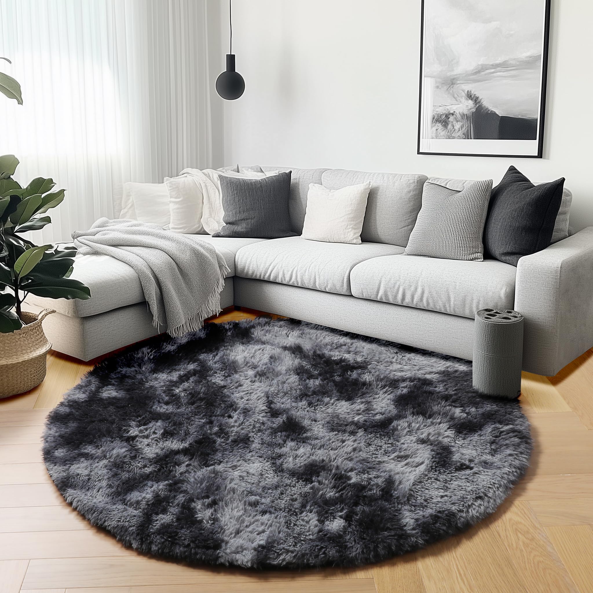 ONASAR Tie-Dyed Dark Grey Round Area Rugs 5ft, Ultra Soft Bedroom Circle Rug for Kids Girls Teen Room, Fluffy Plush Shaggy Carpet Floor Mats for Baby