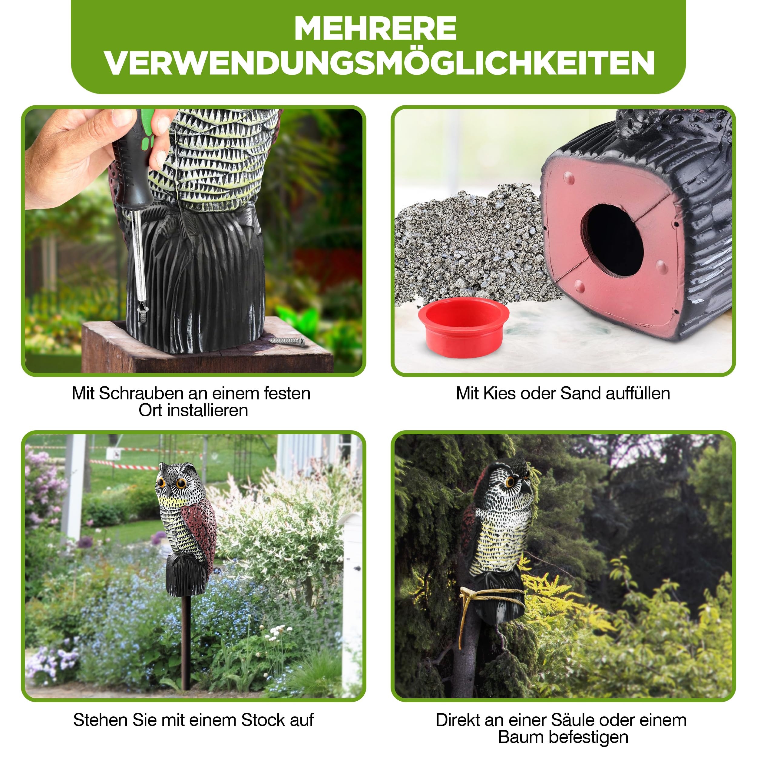 ISOTRONIC Eulen Attrappe zur Vogelabwehr – Realistischer Vogelschreck mit Wackelkopf – Taubenabwehr für Garten, Balkon & Obstbau – Taubenschreck Vogelscheuche (2 Stück)