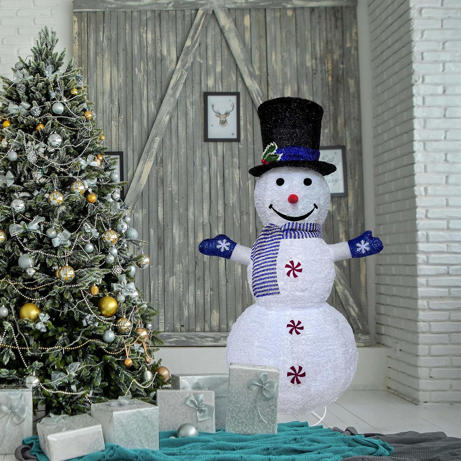 Snowman Light Up Christmas Decoration, 4 Feet Blue Theme Snowflake Flannel Material, Suitable for Indoor and Outdoor Patio Holiday Party Decoration