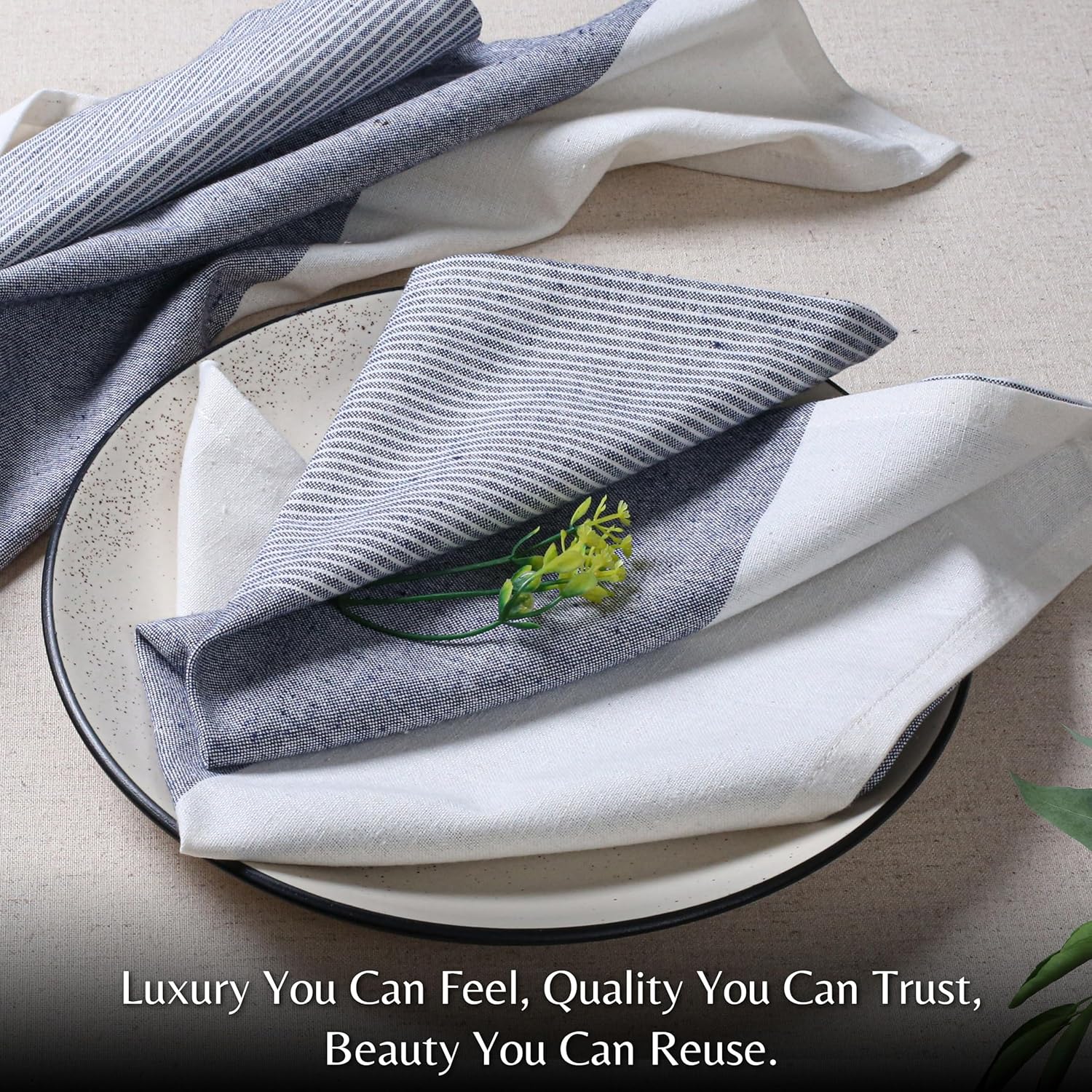 Ramanta Home Cloth Napkins Set of 12 - Denim Blue, 18x18 Inches - Spring Basket Decor Block Striped Dinner Napkins for Easter Farmhouse Wedding, Washable Soft Cotton Durable Table Linen -Everyday Use