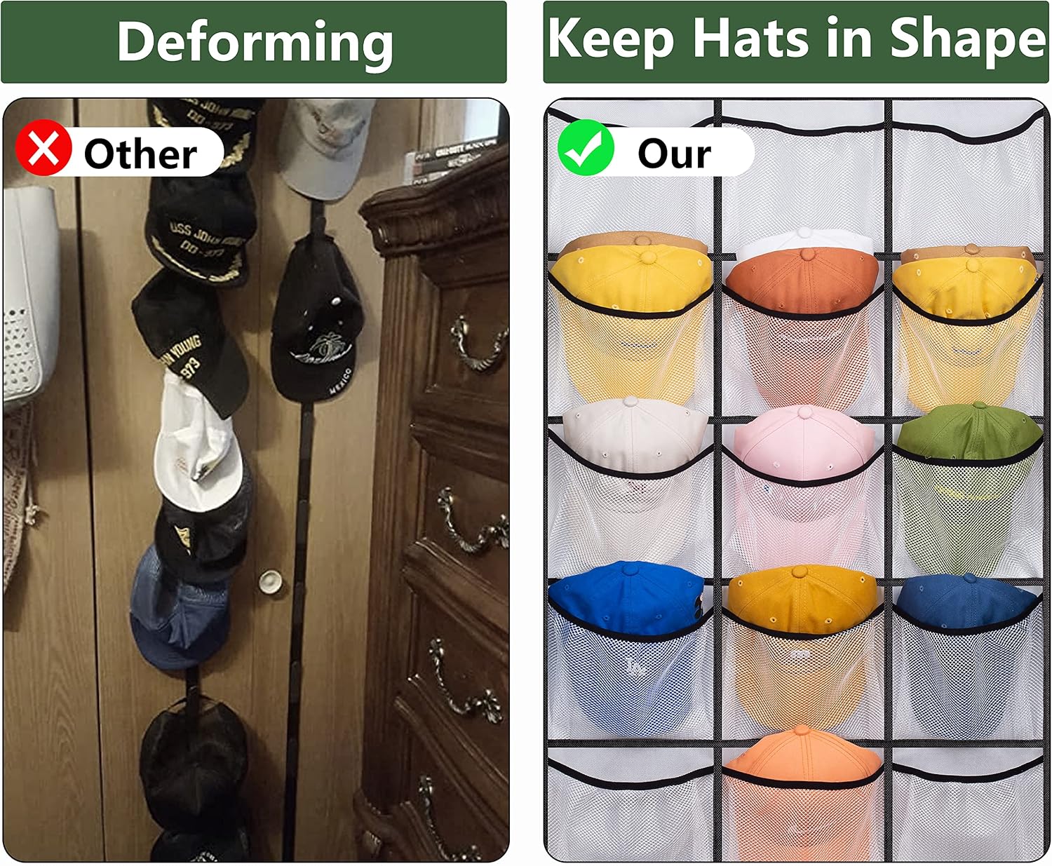 AOODA Hat Racks for Baseball Caps Organizer, Over the Door Hat Storage With 24 Clear Deep Elastic Mesh Pockets Cap Holder Hanger for Closet, White