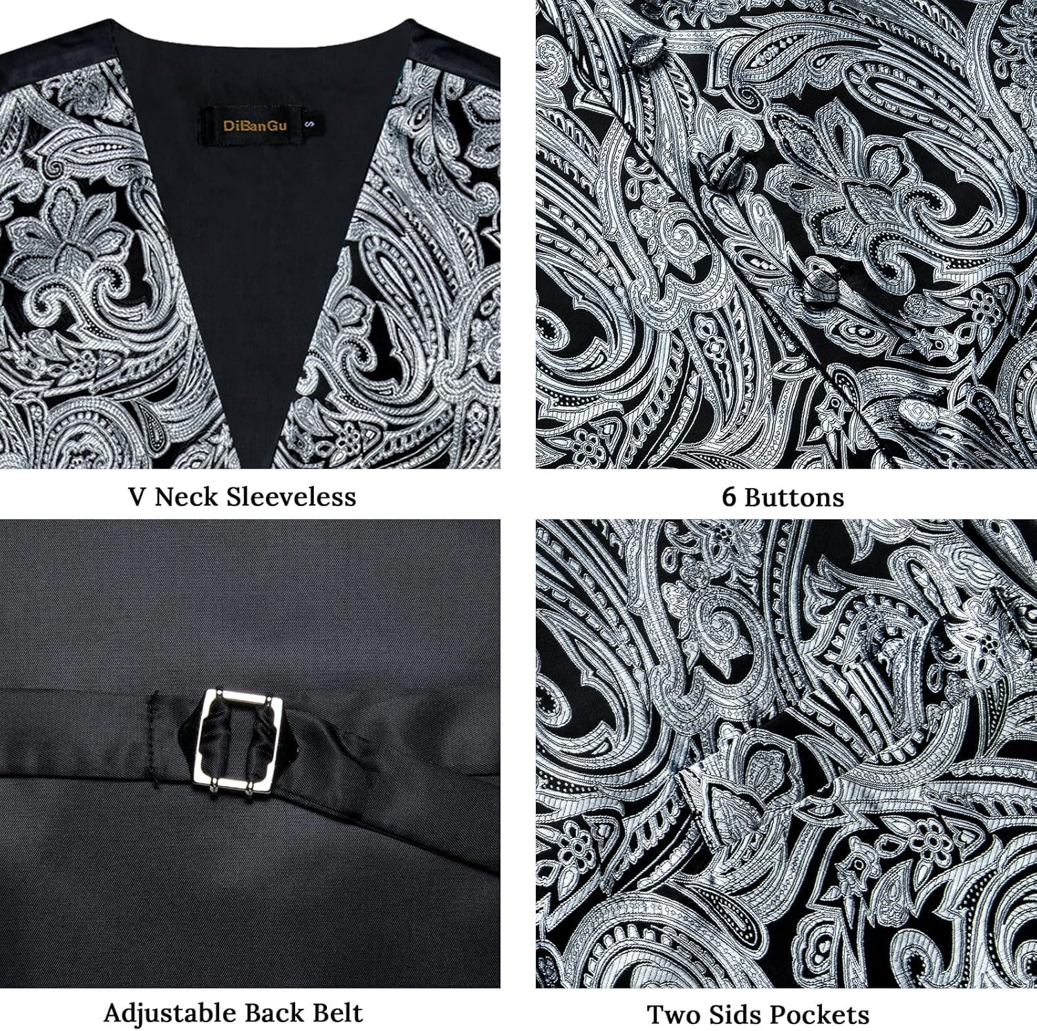 DiBanGu Mens Formal Dress Vest Paisley Jacquard Silk Suit Waistcoat Necktie Bow Tie Set Wedding Party Tuxedo 5PCS - Image 5