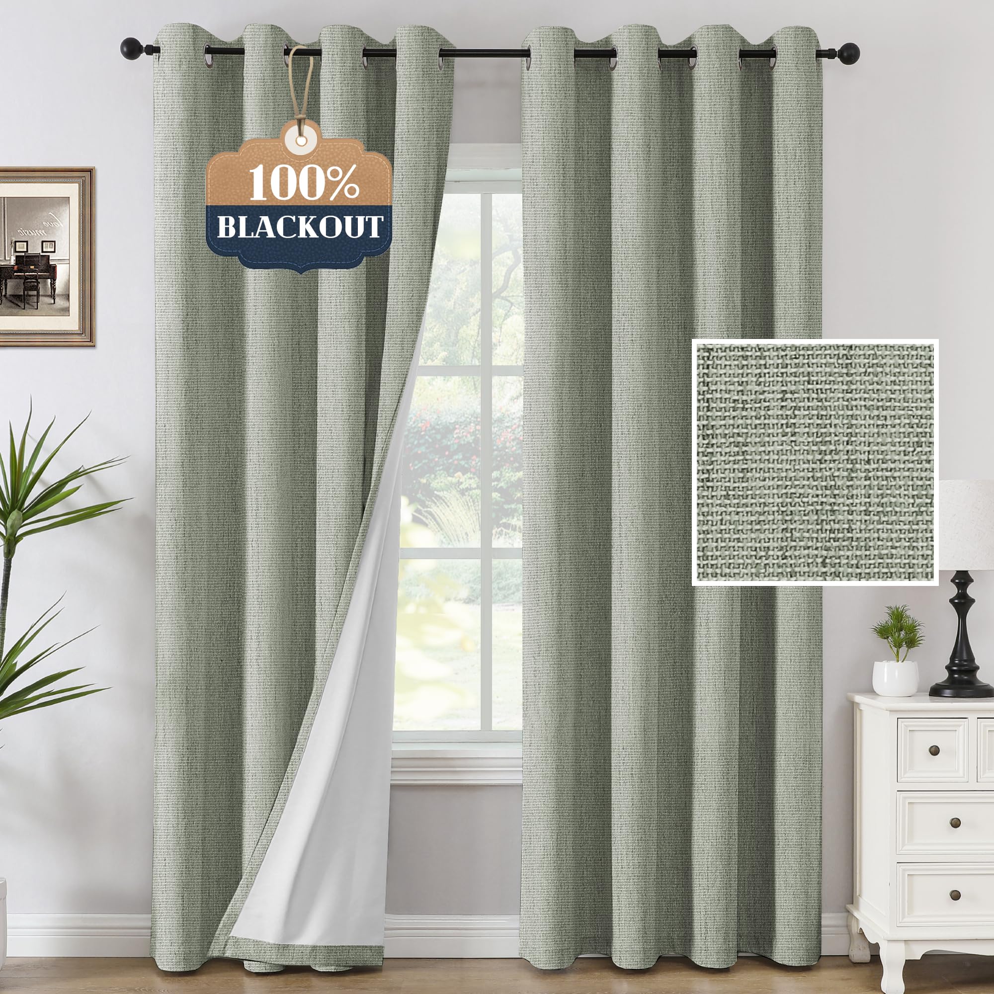 h.versailtex premium chenille blackout curtains - 100% blackout thermal insulated noise reducing, heavy white flocking coating back linen textured, 2 panels 52”x63” inches, heathered sage (not solid)