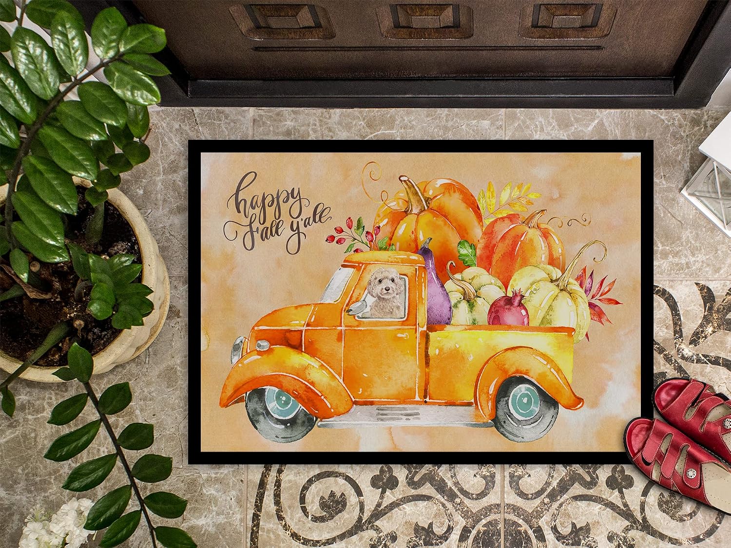 Caroline's Treasures CK2660JMAT Fall Harvest Champagne Cockapoo Doormat 24x36 Front Door Mat Indoor Outdoor Rugs for Entryway, Non Slip Washable Low Pile, 24H X 36W