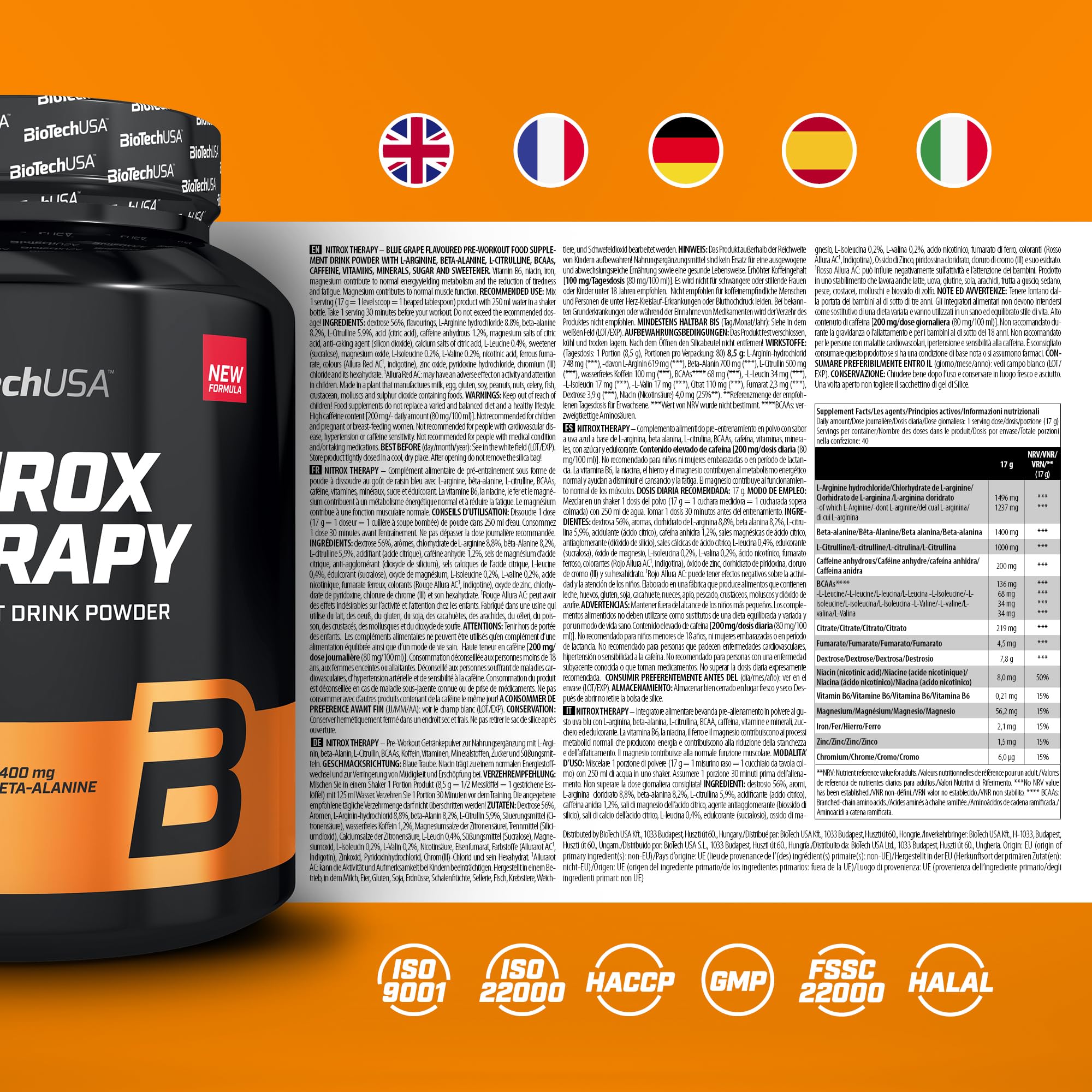 BioTechUSA Nitrox Therapy | Avec vitamine B6, magnésium et caféine | 16 ingrédients actifs | Sans gluten, sans lactose, 680 g, Raisin bleu