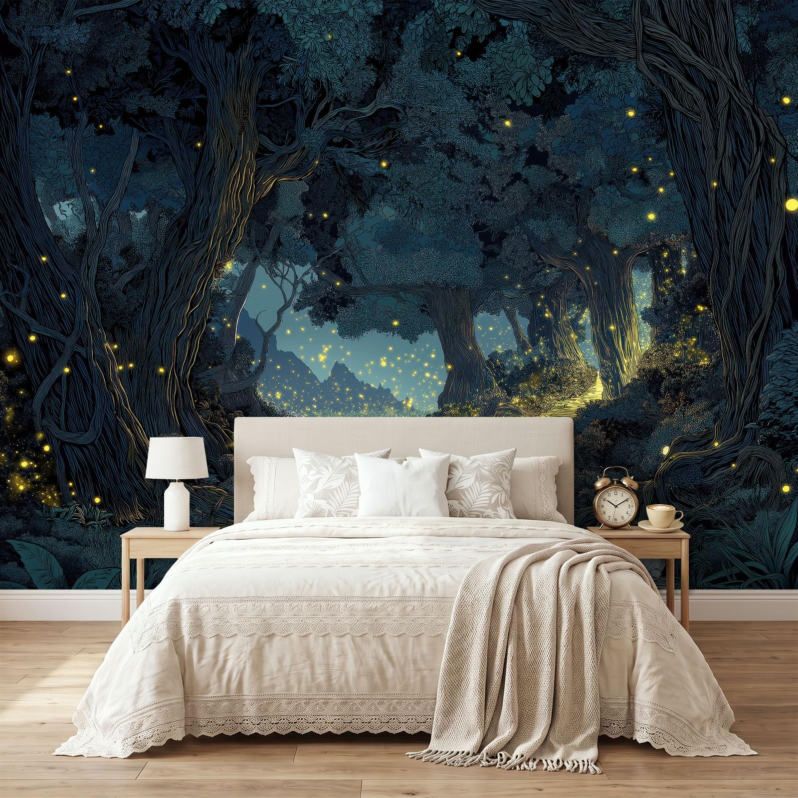 Générique Tapeta 3D panoramiczny obraz ścienny 350 x 256 cm fantazja magia las świetliki tapeta gobelin panoramiczny plakat salon dekoracja ścienna do pokoju dziecięcego, niebieski szary