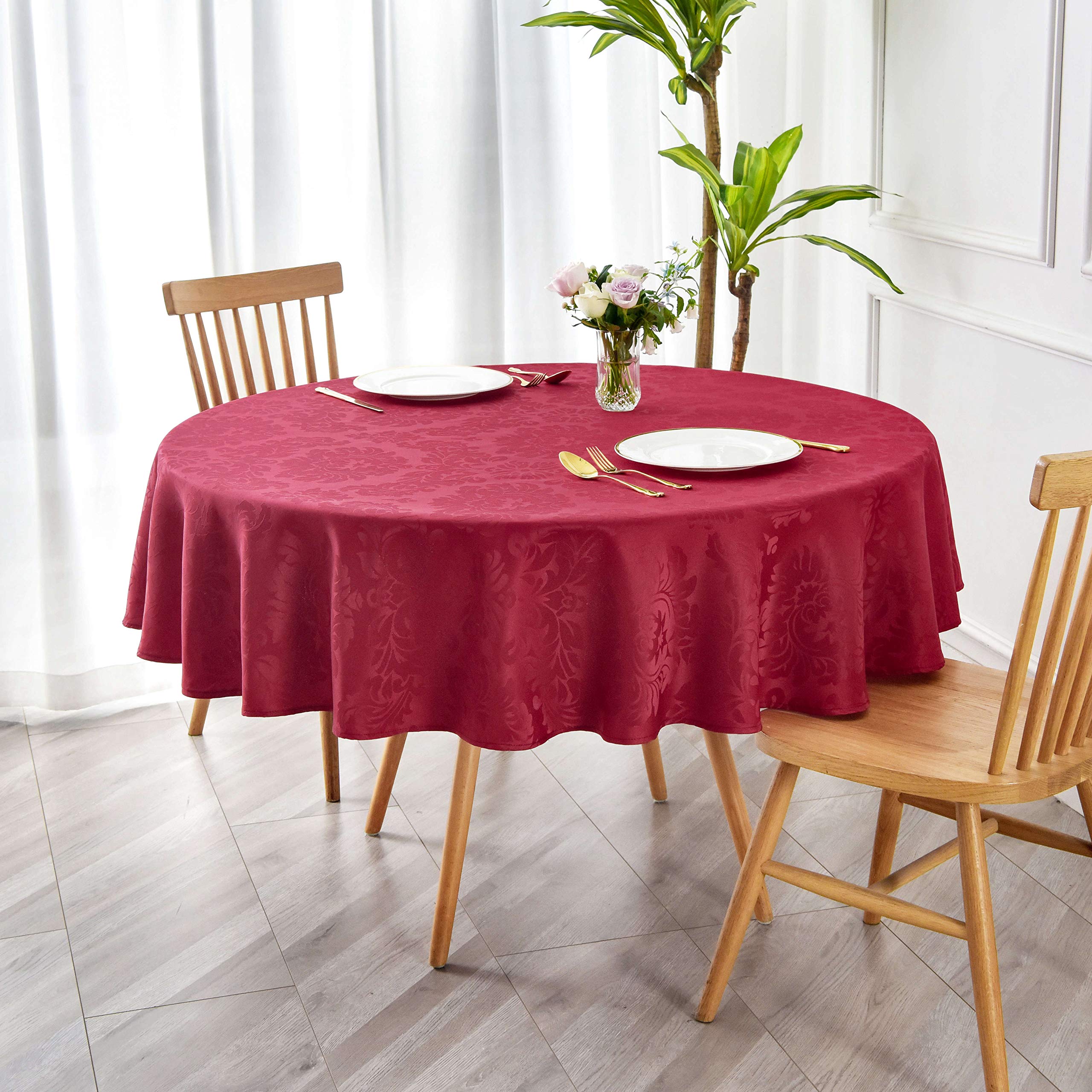 maxmill Jacquard Round Table Cloth Damask Design Waterproof Antiwrinkle Heavy Weight Soft Tablecloths for Circular Table Cover and Kitchen Dinning Tabletop Round 70 Inch Ruby Red