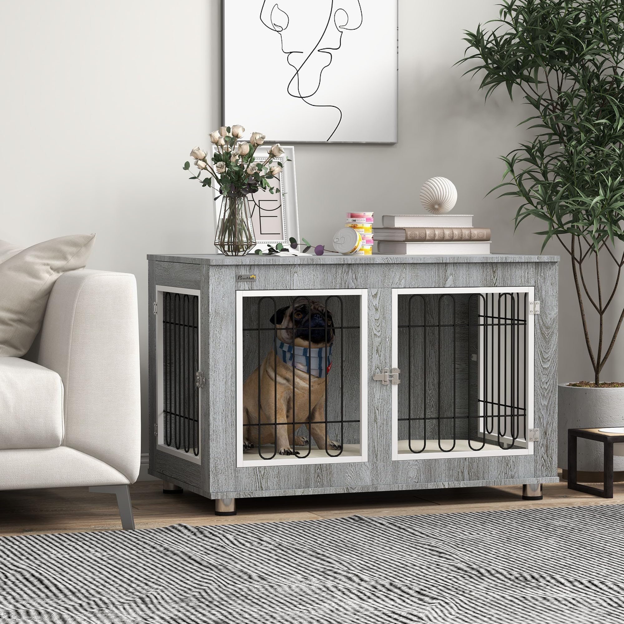 PawHut Cage pour Chien Meuble Cage Chien intérieur Table d'appoint Multi-usages avec Double Porte et Coussin - Niche pour Chien Moyenne et Grande Taille - 90 x 58 x 65 cm, Aspect Gris