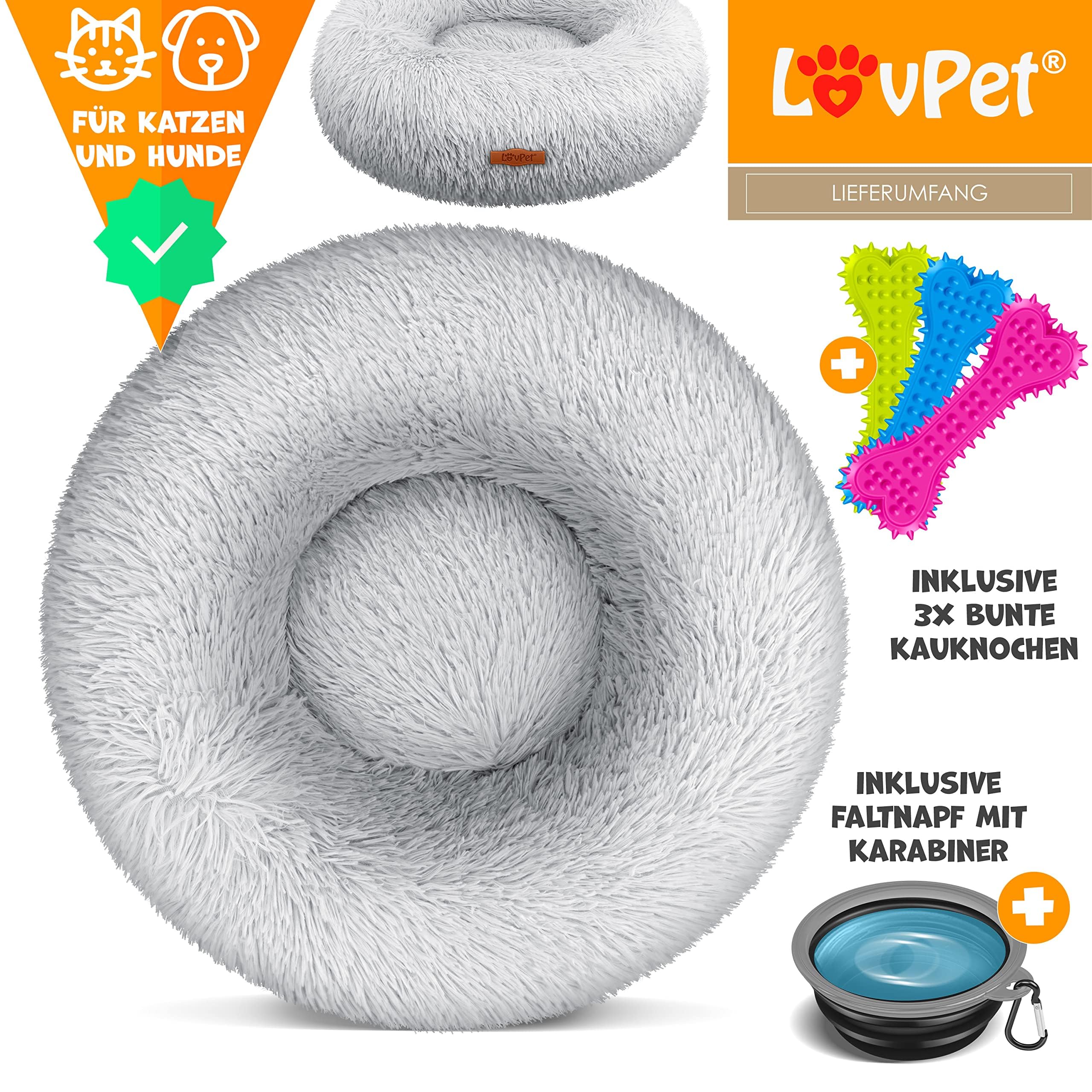 Lovpet® Letto per Cani e Gatti Bagel Ø 120 cm - (4XL), Lavabile, incl. Ciotola + 3X Ossi da Masticare, Divano per Cani in Peluche per Cani di piccola, Media e Grande Taglia, Gatti - Grigio Chiaro