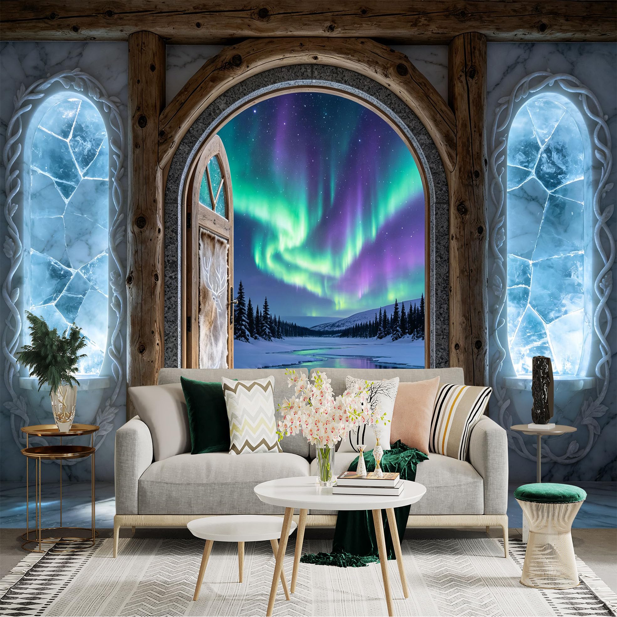 Custom Size Wall Sticker Mural， Aurora Borealis Winter Lake Snowy Forest Nordic Cabin View， for wall Decoration， peelandstick wall Decals.