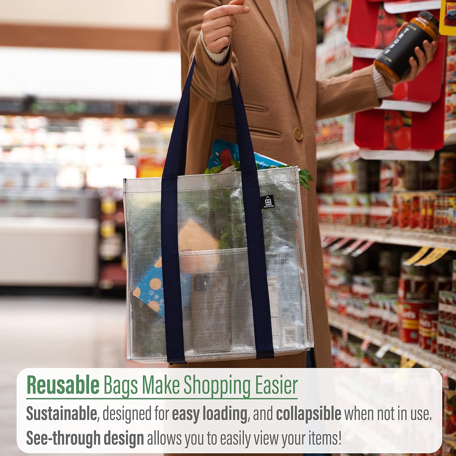 VENO 8 Pack Heavy-Duty Reusable Grocery Shopping Bags (4 Pack Clear Reusable Grocery Shopping Bag w/Front Pocket & Hard Bottom + 4 Pack Light Blue Reusable Grocery Shopping Bag w/Hard Bottom)