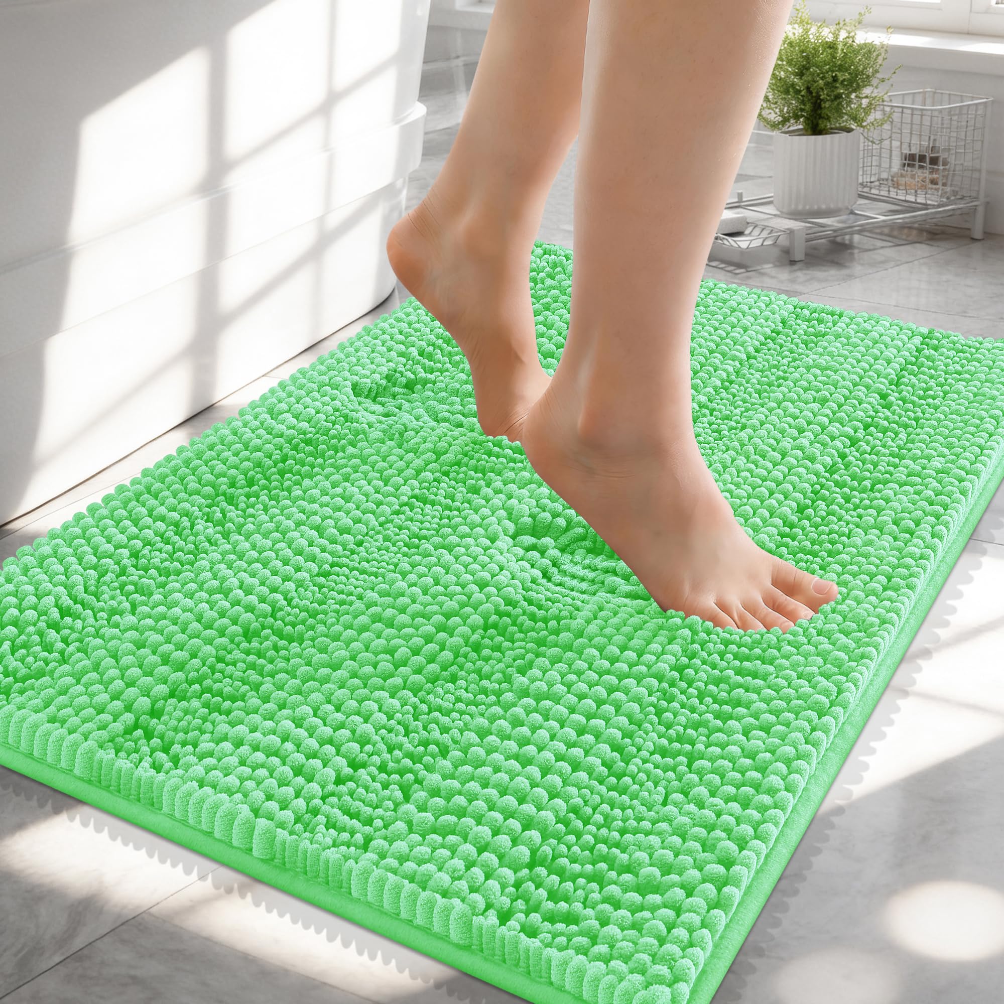 OLANLY Thick Small Bathroom Rugs 24x16, Soft Chenille Bath Rugs, Mint Green