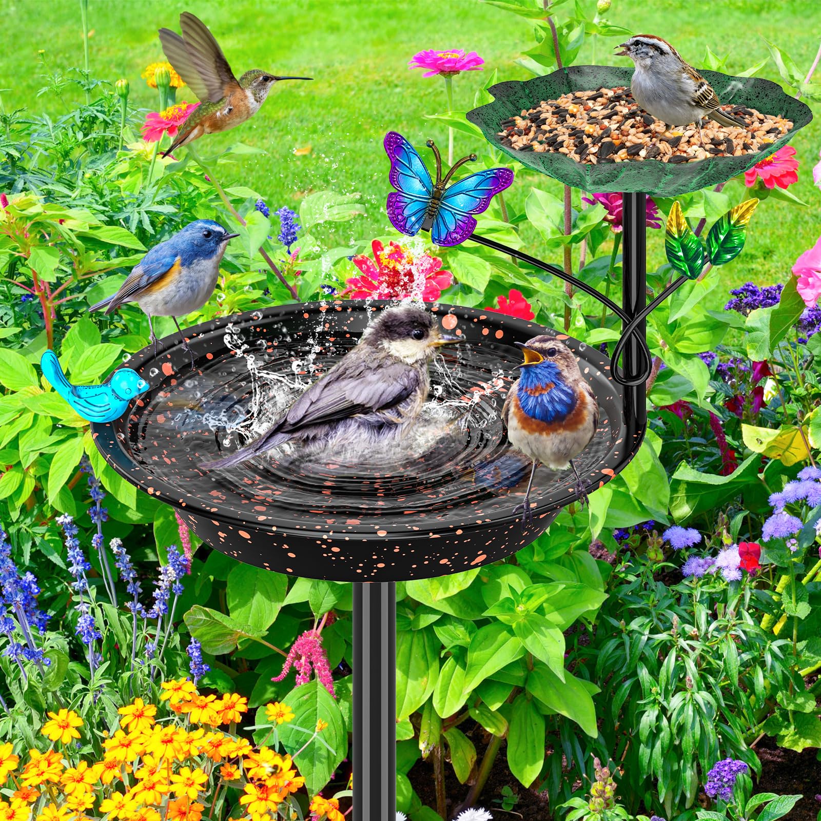 Vogeltränke aus Metall für den Außenbereich, Garten, Vogeltränke, freistehende Vogelfutterspender für den Außenbereich, mit 5 Zinken, Bodenpfahl, stehende Vogeltränke, Schüssel für Hofdekoration