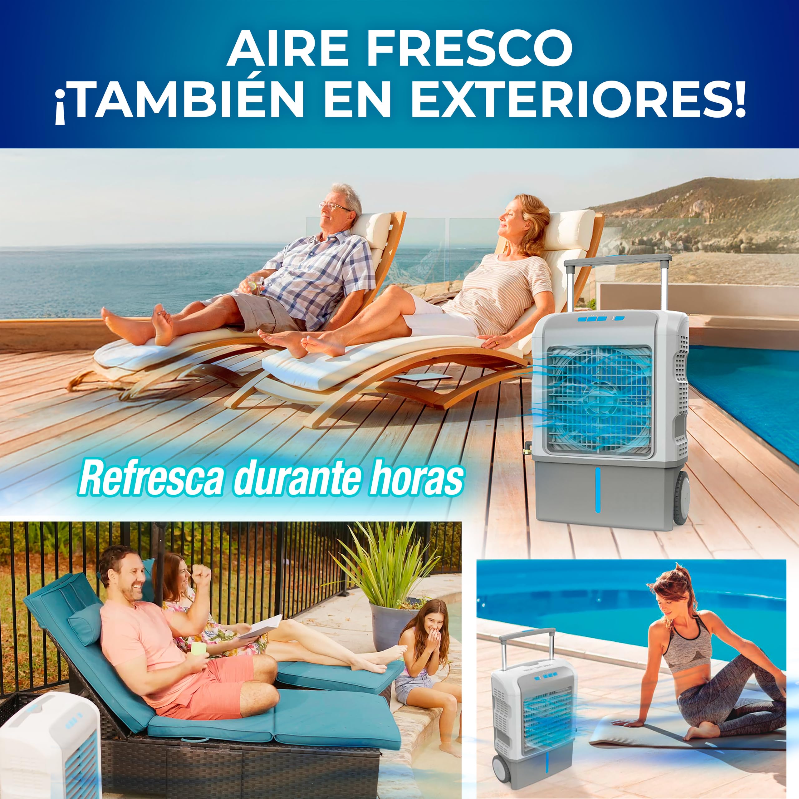 Enfriador Evaporativo Portátil TITAN CHILL. EXTERIOR/Interior. Tecnología Hydro-Chill. Depósito agua18L. Refresca hasta 46 m². 3 Velocidades. Conexión a Manguera. Ruedas/Asa. Sin instalación.