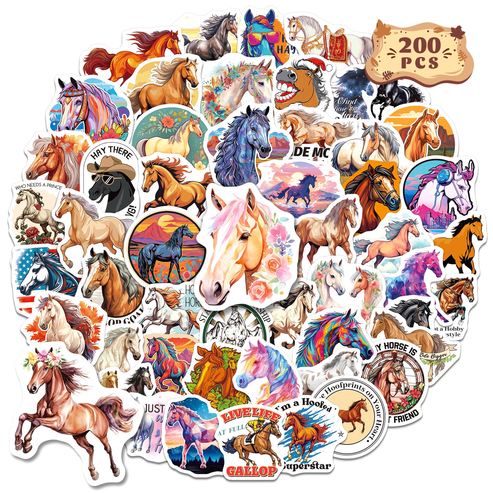 Yqskt 200PCS Horse Stickers Pack, Vinyl Riding Stickers for Kids Girls Adults, Pony Decals for Water Bottle Laptop Scrapbook Luggage, Horse Gifts Party Favors