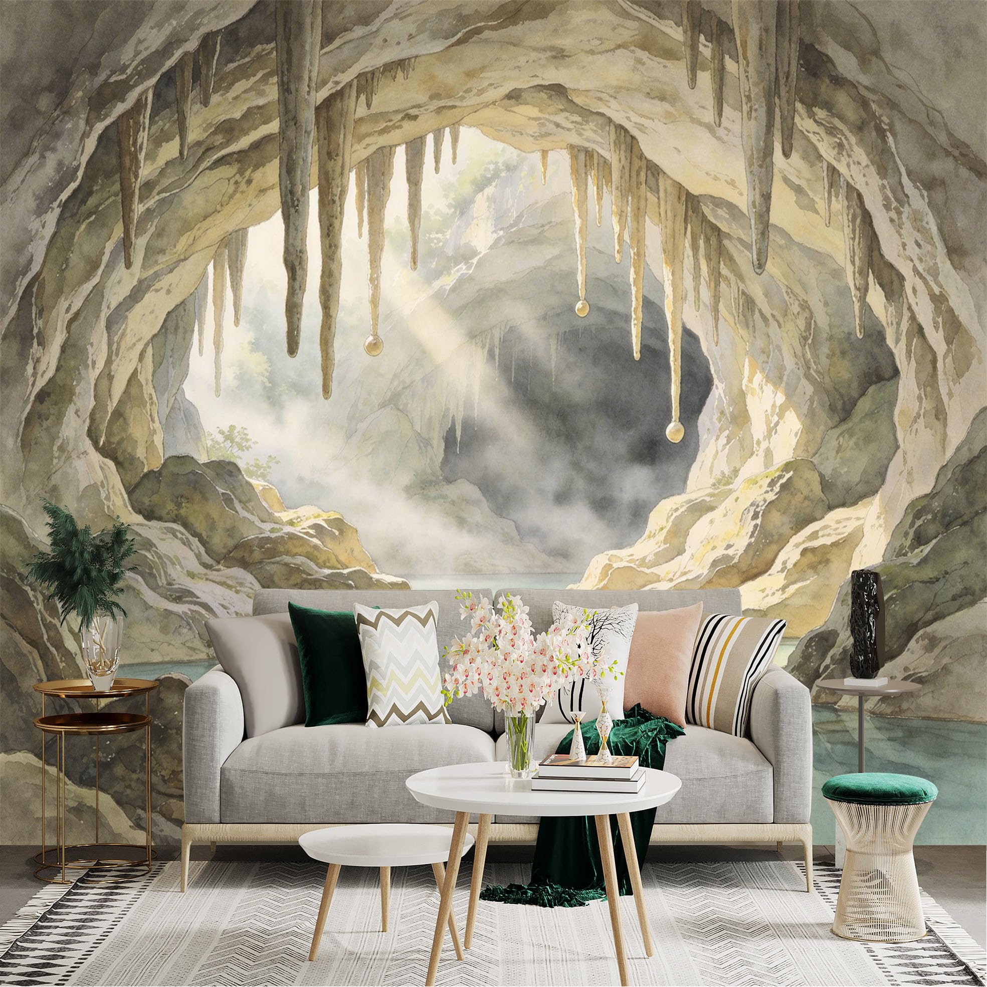 Lnzczhyre Dbh260521889 Custom Size Wall Sticker Mural， Limestone Cave With Stalactites， Underground Lake， Natural Light Beams， Serene Scenery， For Wall Decoration， Peelandstick Wall Decals.