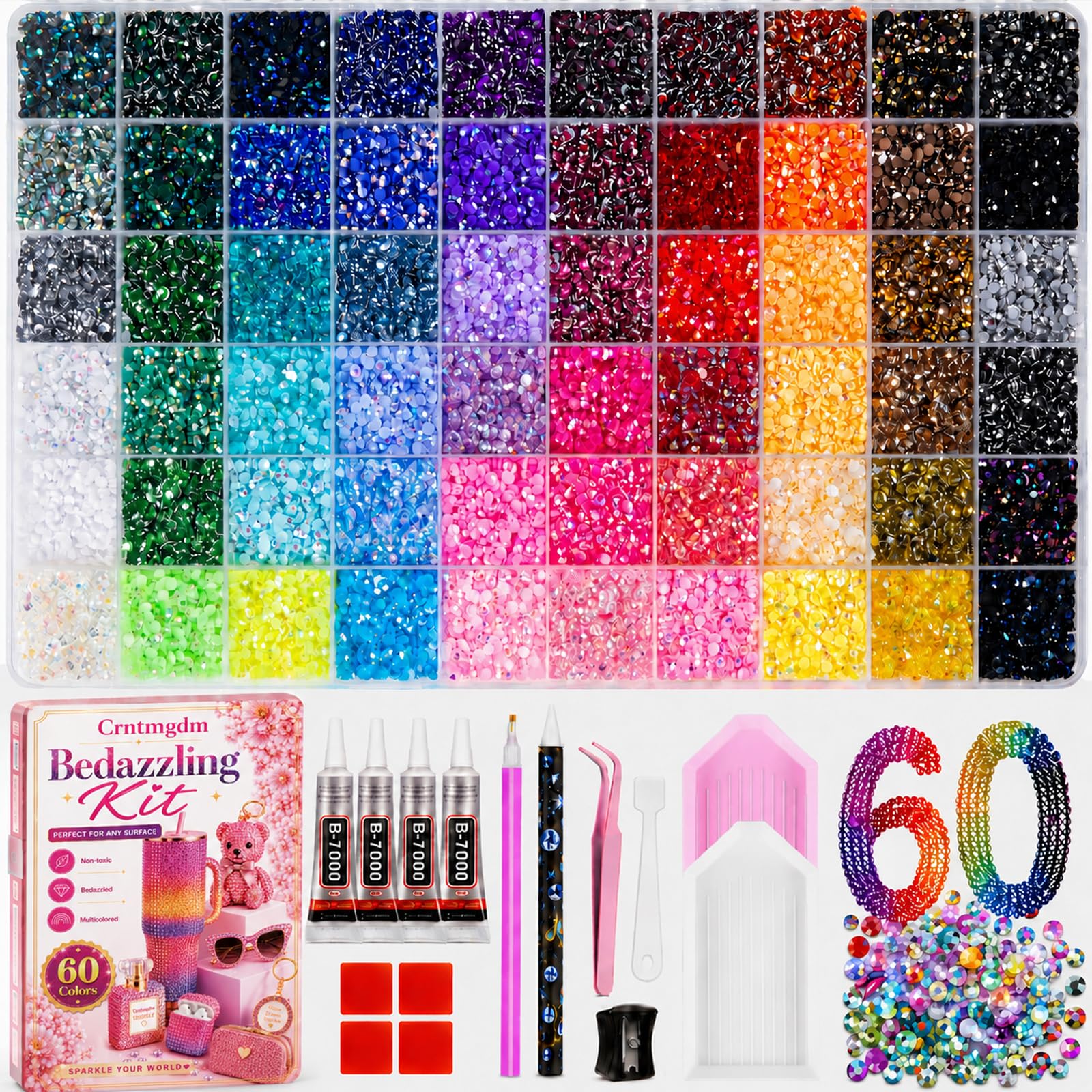 Bedazzling Kit 48000 Pcs, 60 Colors Rhinestone Kit, 3mm Flat Back Resin Rhinestones with…