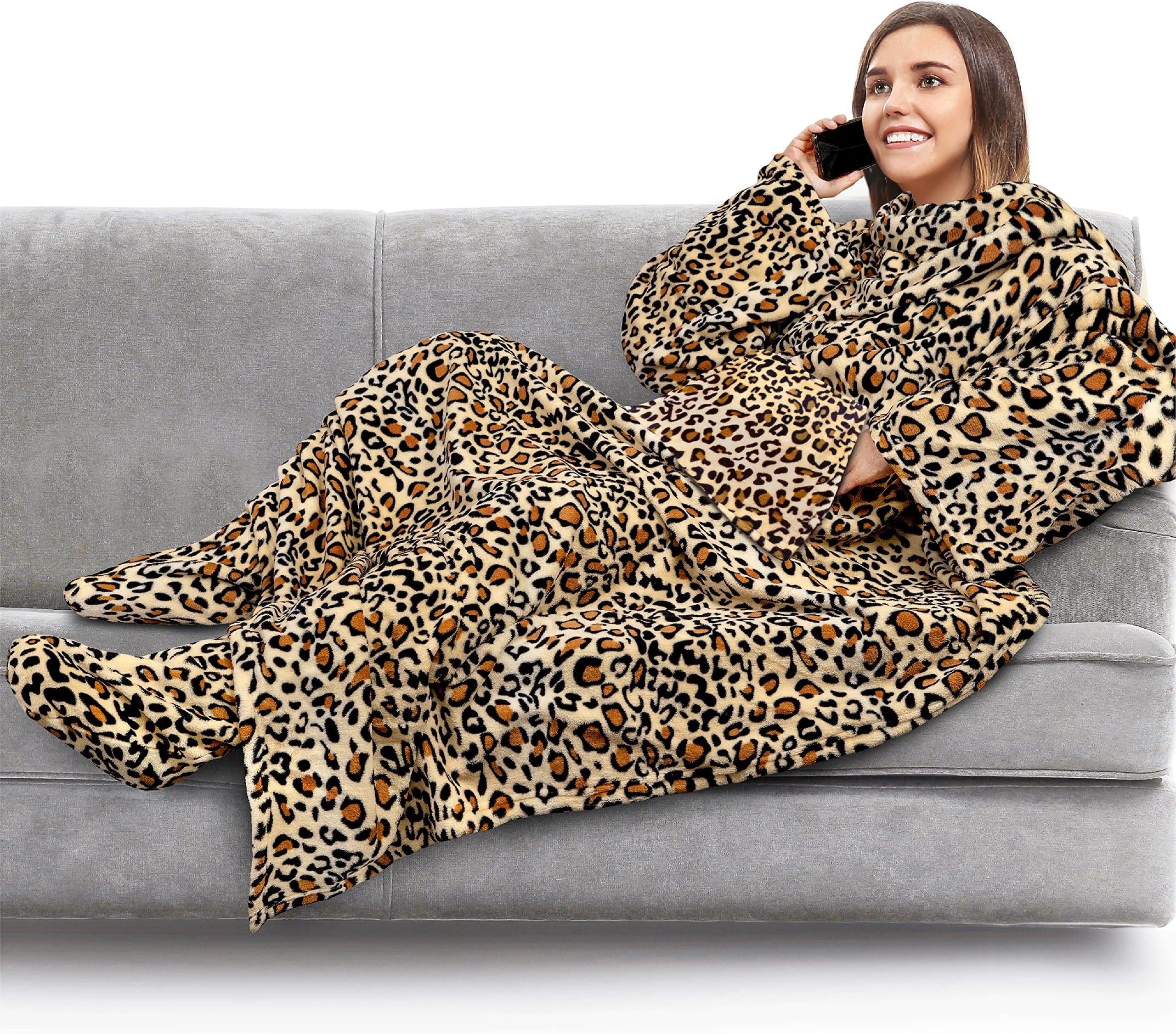 PAVILIA Fleece Blanket with Sleeves, Foot Pockets for Women Men Adults, Plush Wearable Blanket Throw Wrap, Warm Snuggle Blanket Robe, Cozy Gift Ideas Wife Mom, Cheetah Print