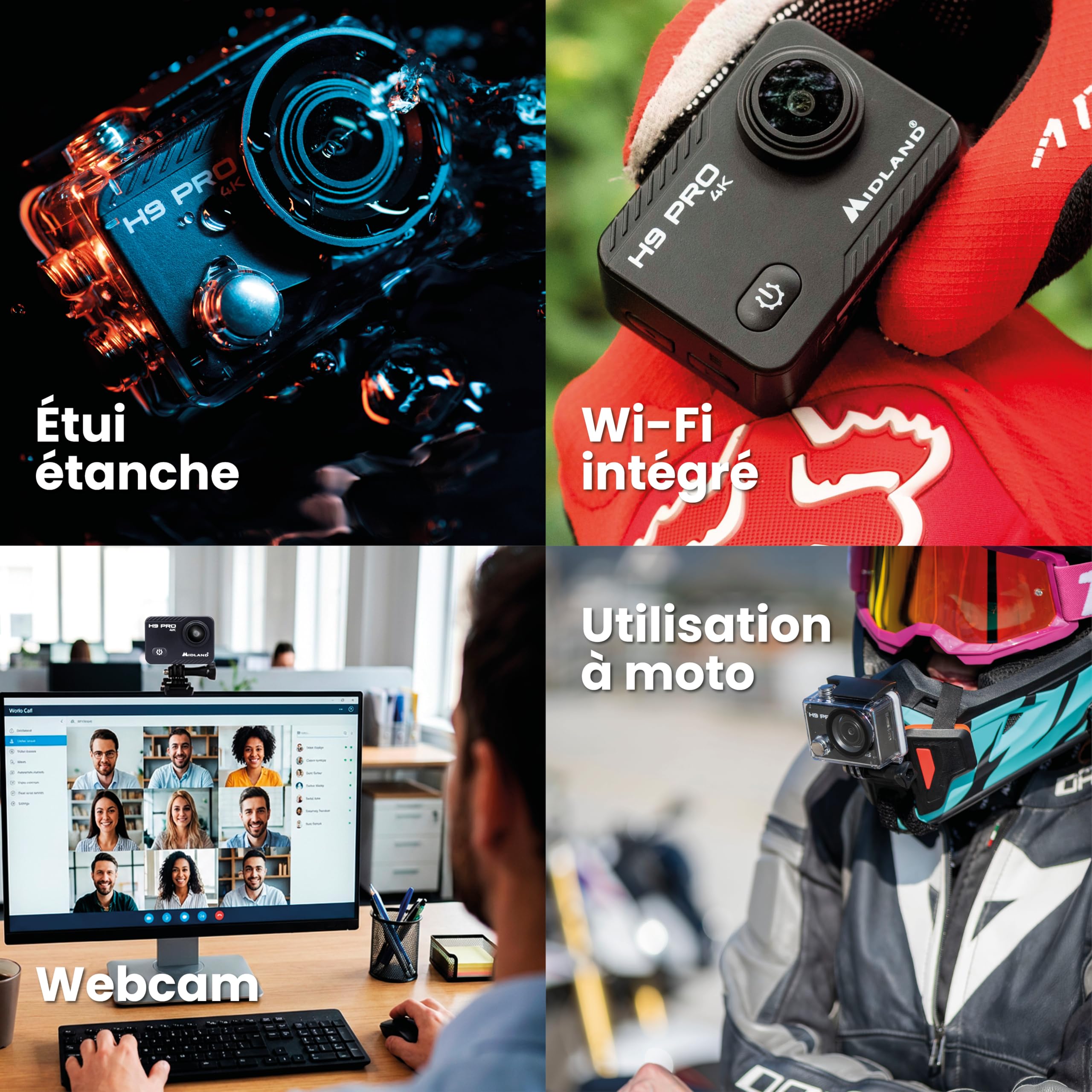 Midland - Camera Sport 4K H9 Pro WIFI Remote Control, Camescope Caméra Video Plongée Sportive, Appareil Photo Sous Marin 30m Autonomie 2H 30fps Photo 20MP, Touchscreen IPS 7 Modes, Contrôle Smartphone
