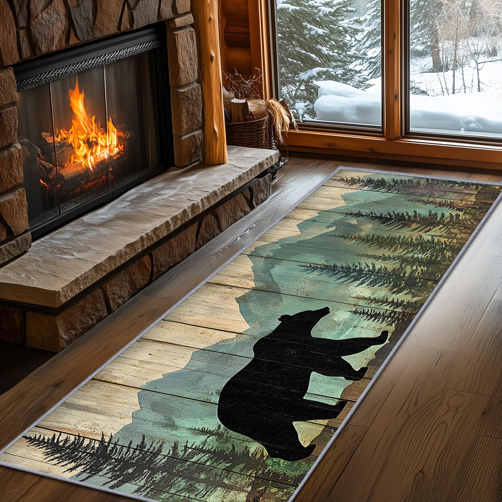 Yoozitrees Bear Rugs for Cabin, Bear Runners for Hallways, 4x10ft, Grizzly Bear Silhouette Rustic Wood Rug Runner, Lodge Cabin Animal Low Pile