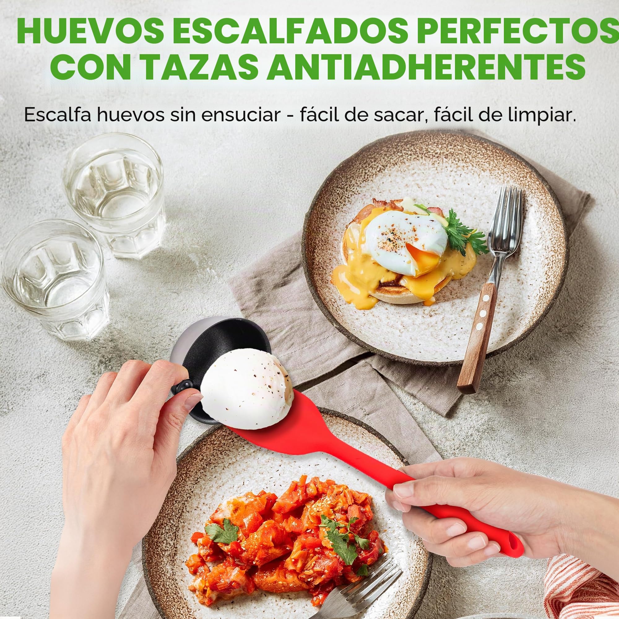 Nutrichef escalfador de huevos, Sarten para pochar, Acero inoxidable, 4 tazas antiadherentes, Tapa de vidrio, Temporizador, Guante de horno y espatula, Compatible con induccion, Egg poacher
