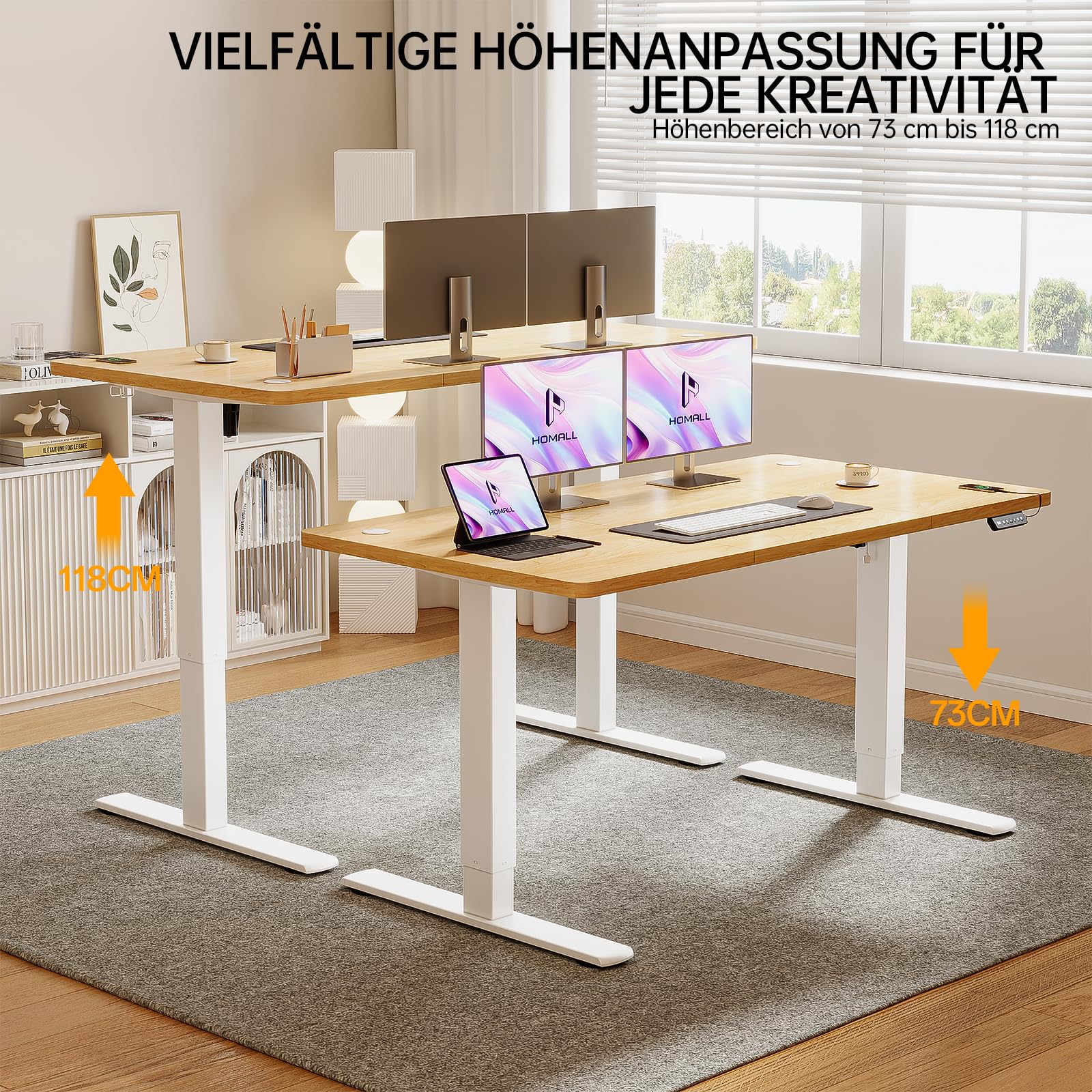 Homall Höhenverstellbarer Schreibtisch mit USB-Buchse 140x60 cm, Computer Stehschreibtisch, Ergonomischer Homeoffice-Tisch (140x60cm, Beige)